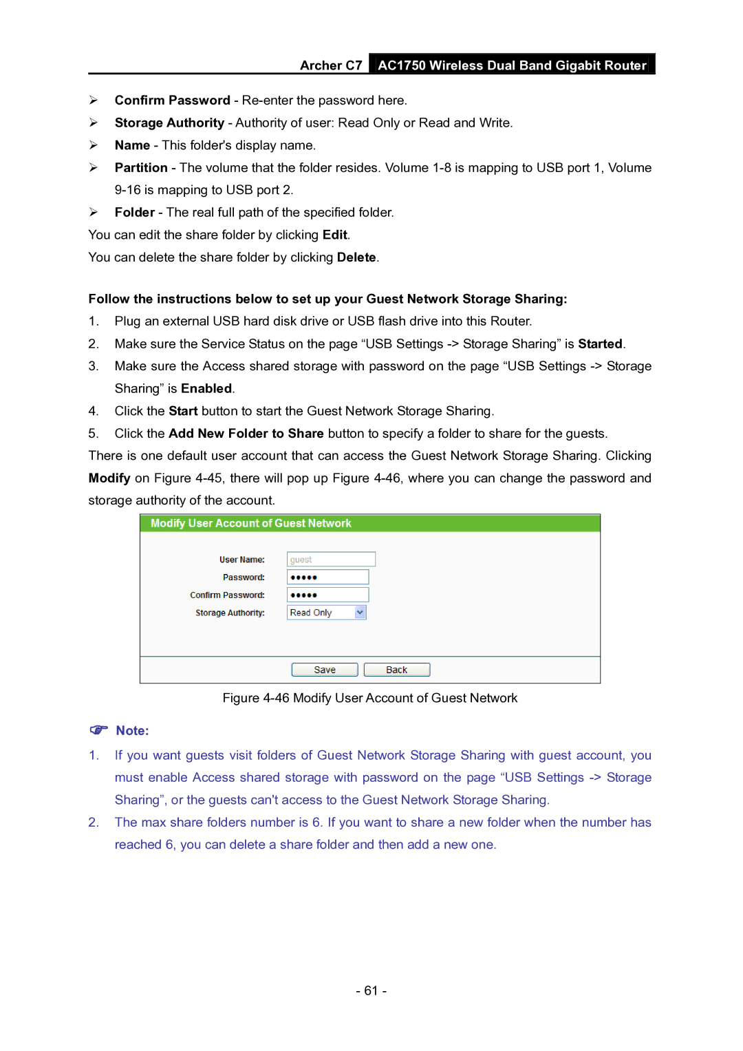 TP-Link AC1750 manual Modify User Account of Guest Network 