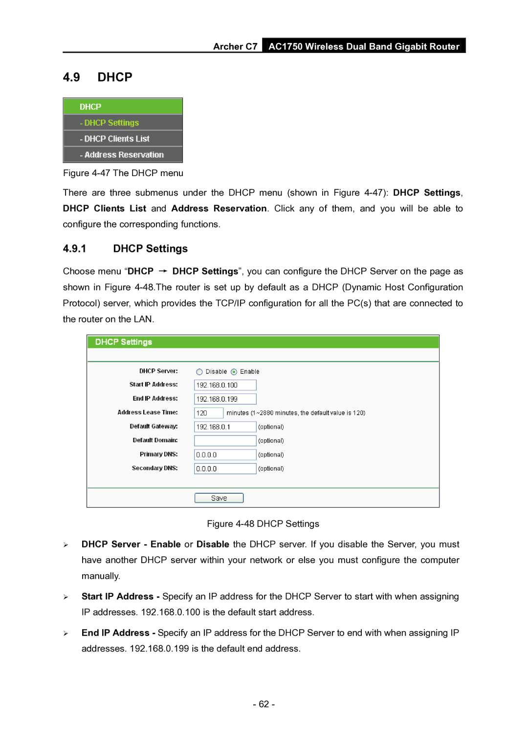 TP-Link AC1750 manual Dhcp Settings 