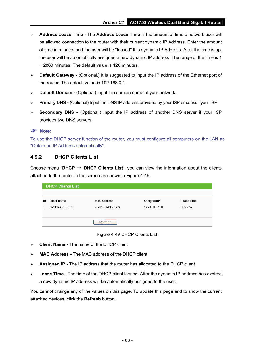 TP-Link AC1750 manual Dhcp Clients List 