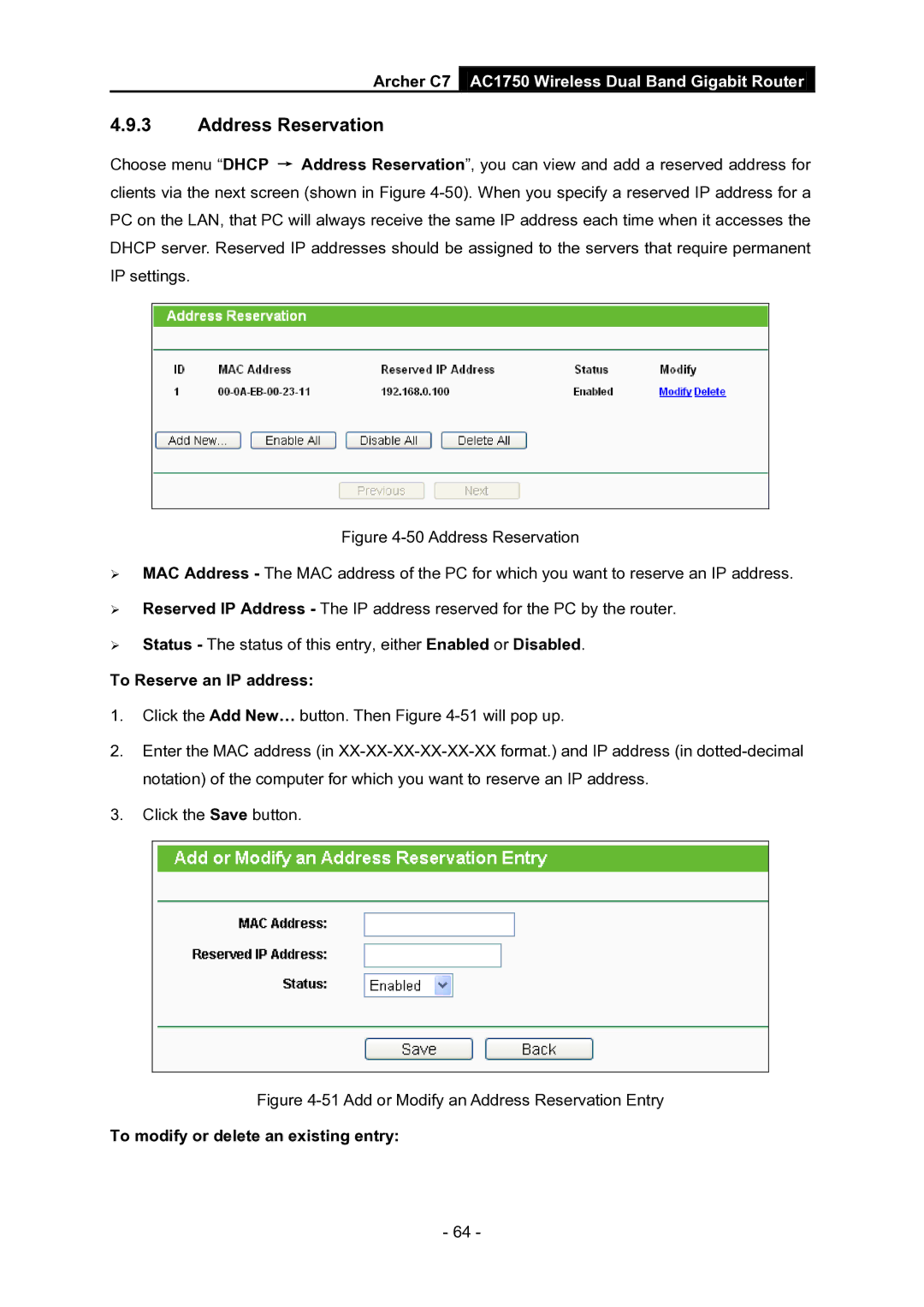 TP-Link AC1750 manual Address Reservation, To Reserve an IP address 