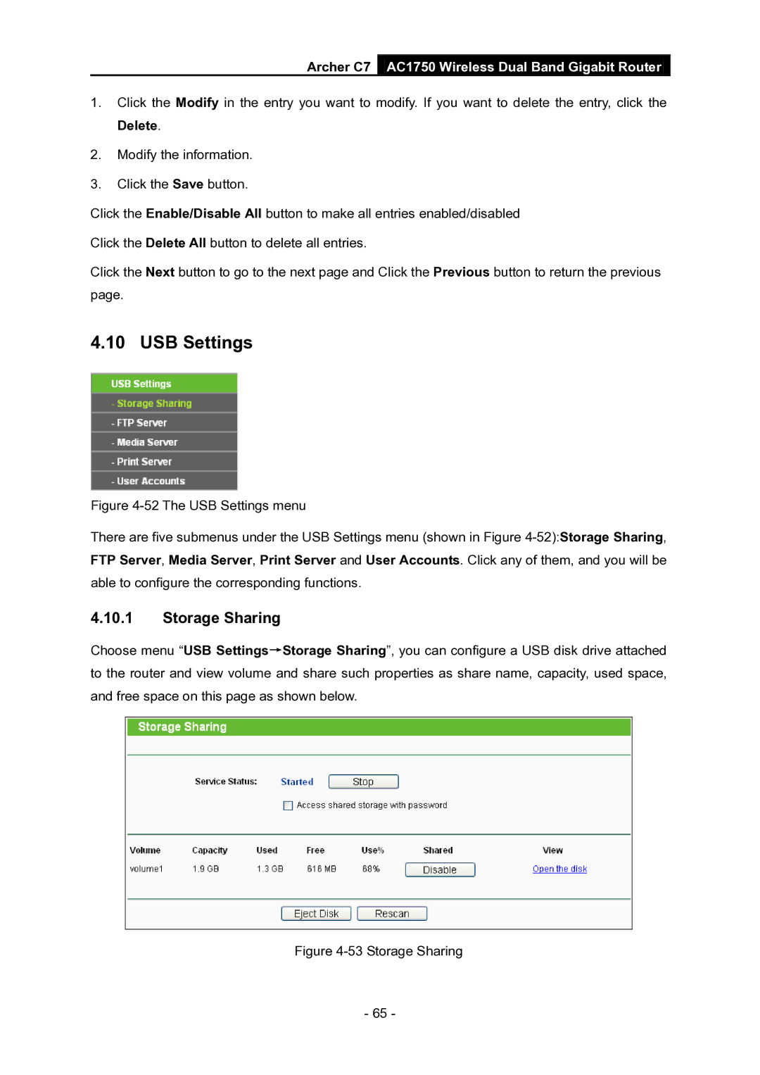 TP-Link AC1750 manual USB Settings, Storage Sharing 