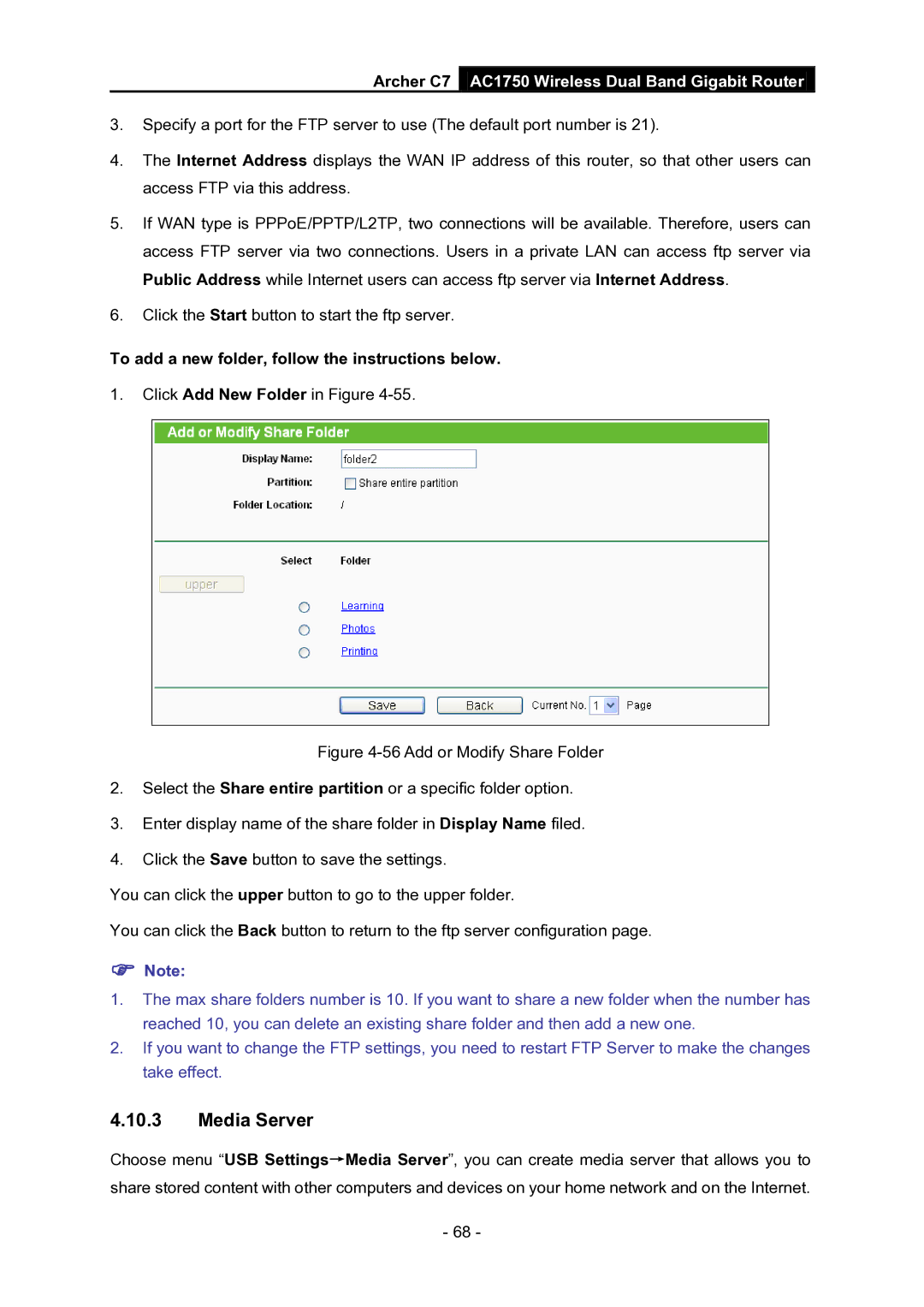 TP-Link AC1750 manual Media Server, To add a new folder, follow the instructions below 