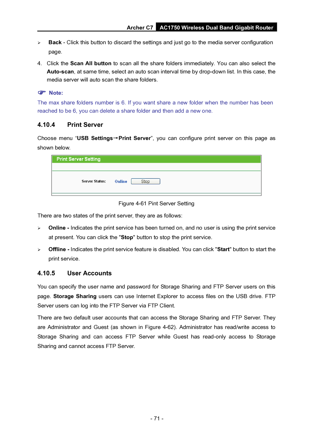 TP-Link AC1750 manual Print Server, User Accounts 