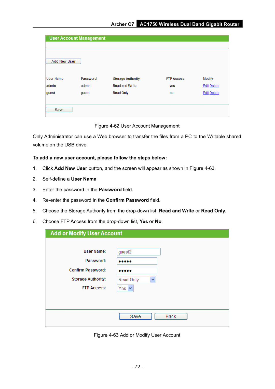 TP-Link AC1750 manual To add a new user account, please follow the steps below, Add or Modify User Account 