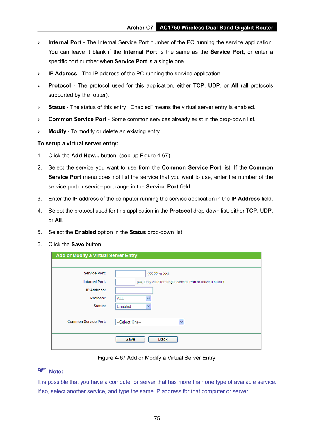 TP-Link AC1750 manual To setup a virtual server entry, Add or Modify a Virtual Server Entry 