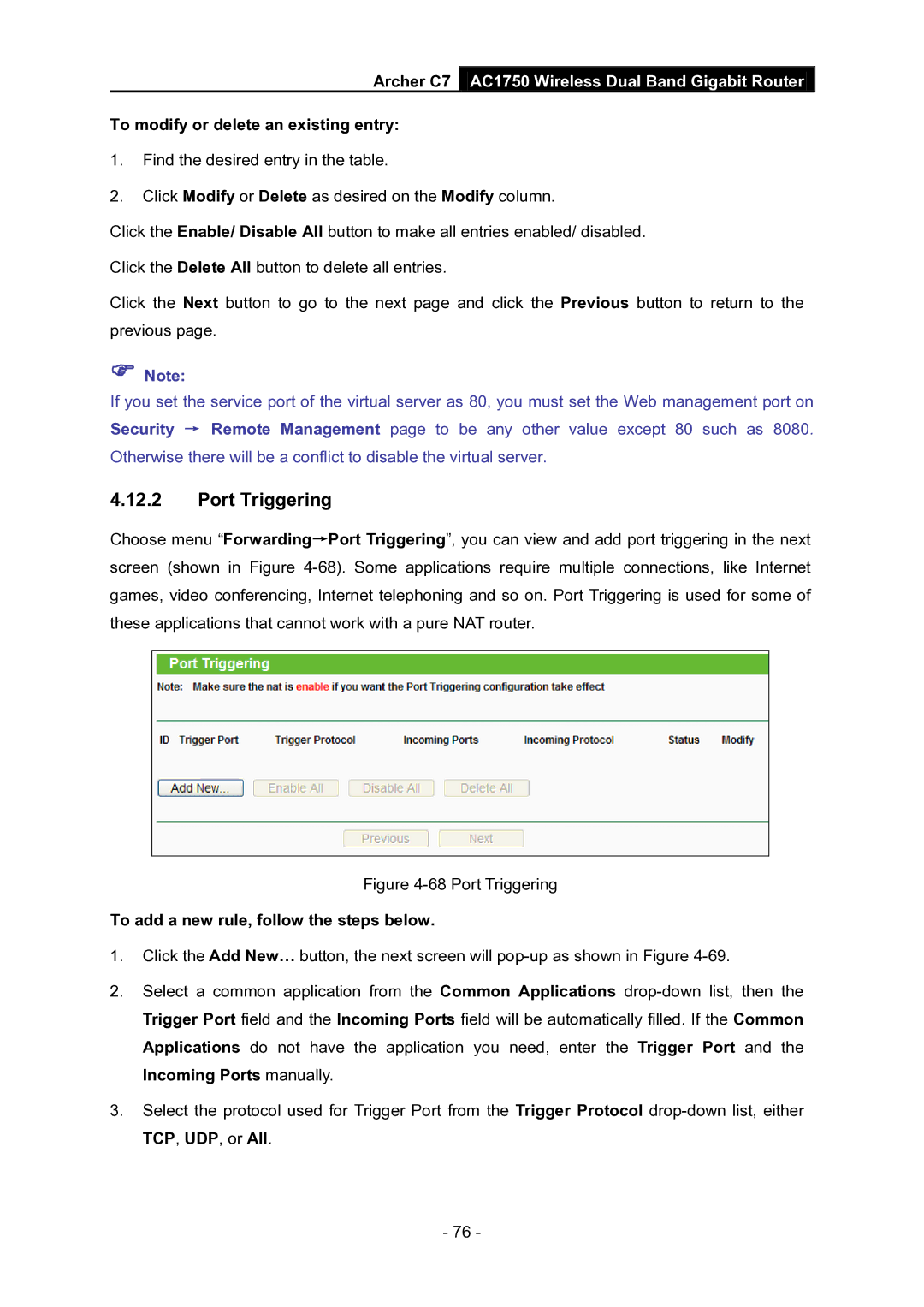 TP-Link AC1750 manual Port Triggering, To add a new rule, follow the steps below 