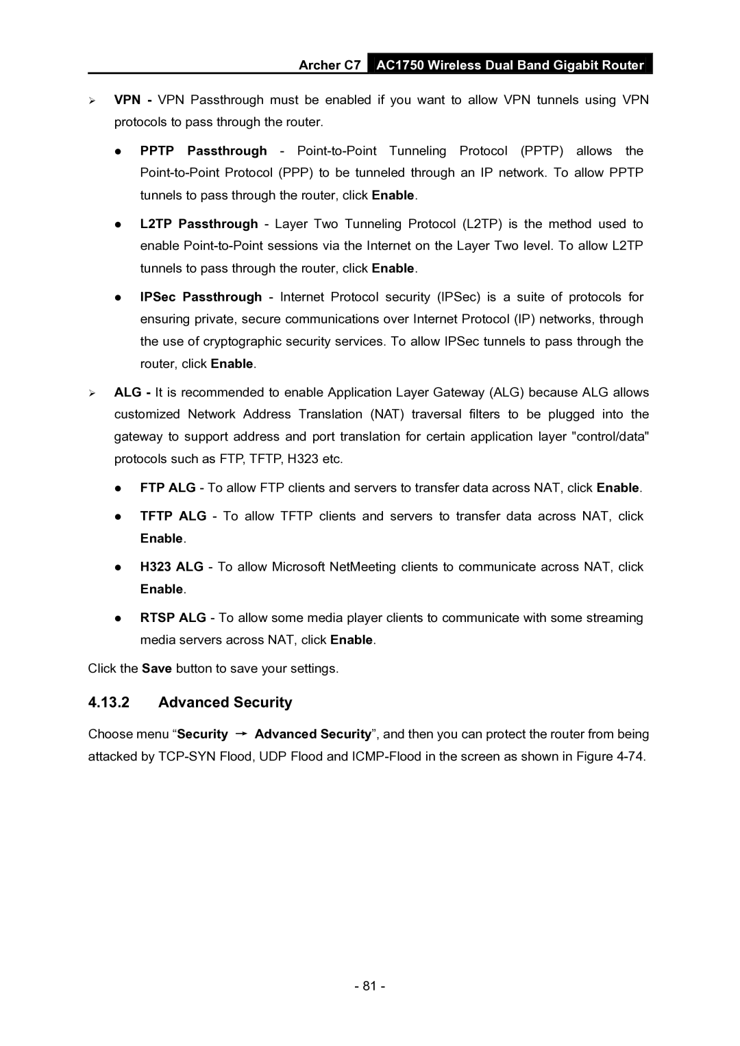 TP-Link AC1750 manual Advanced Security 