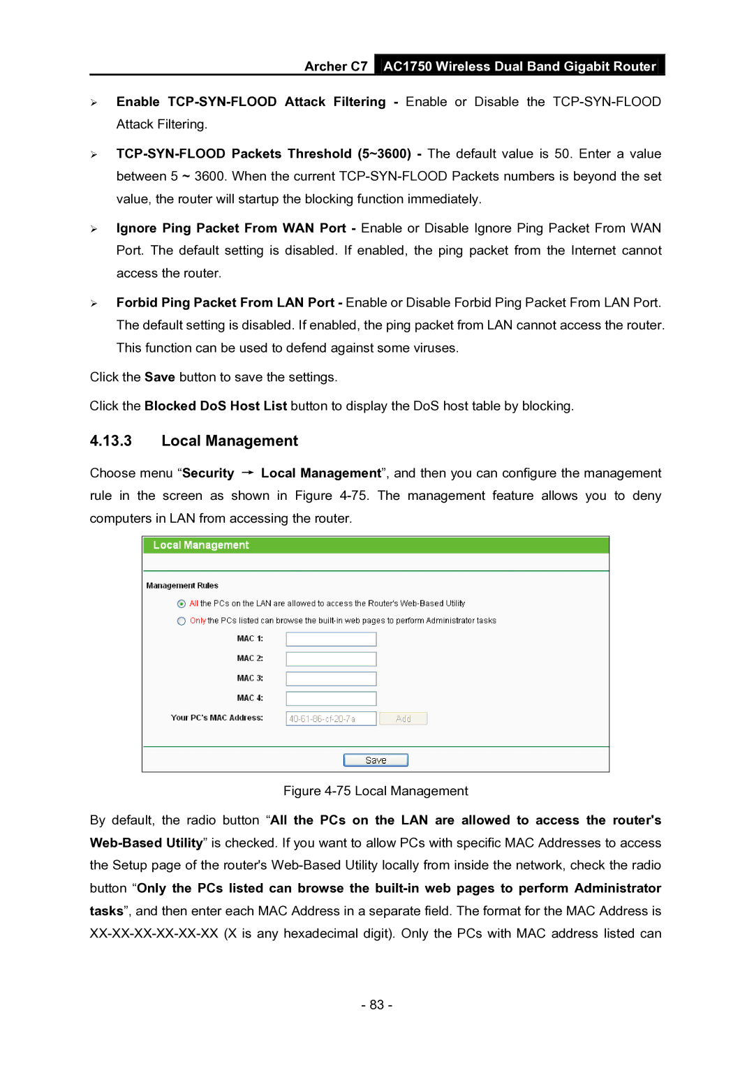 TP-Link AC1750 manual Local Management 