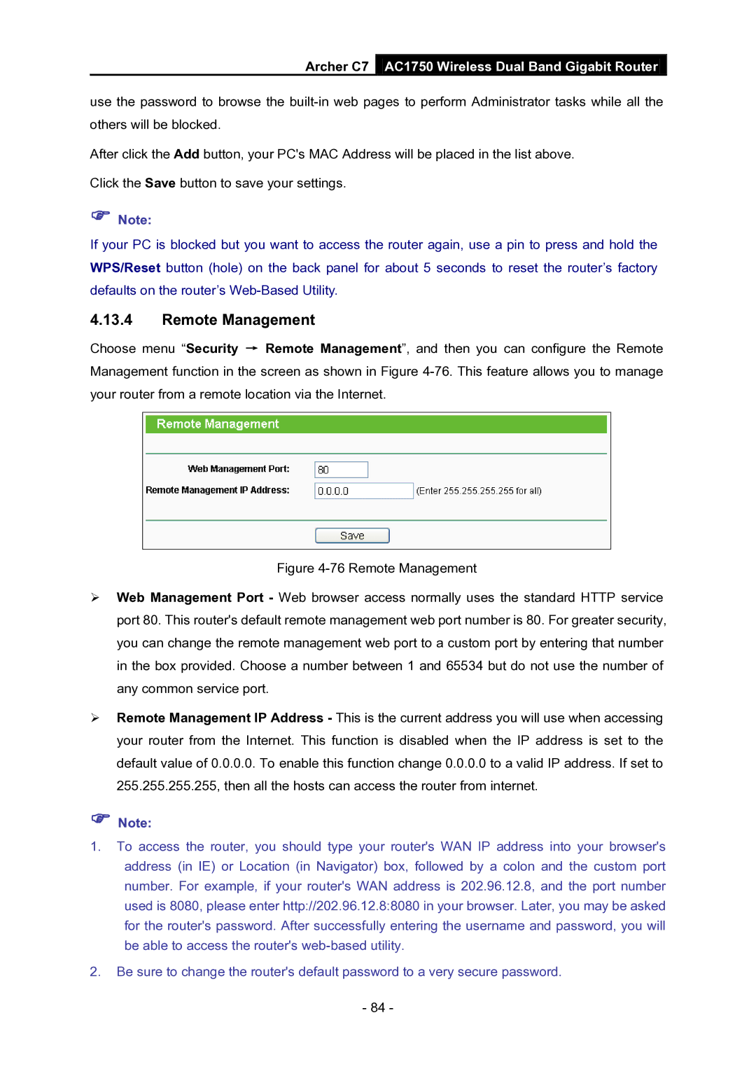 TP-Link AC1750 manual Remote Management 