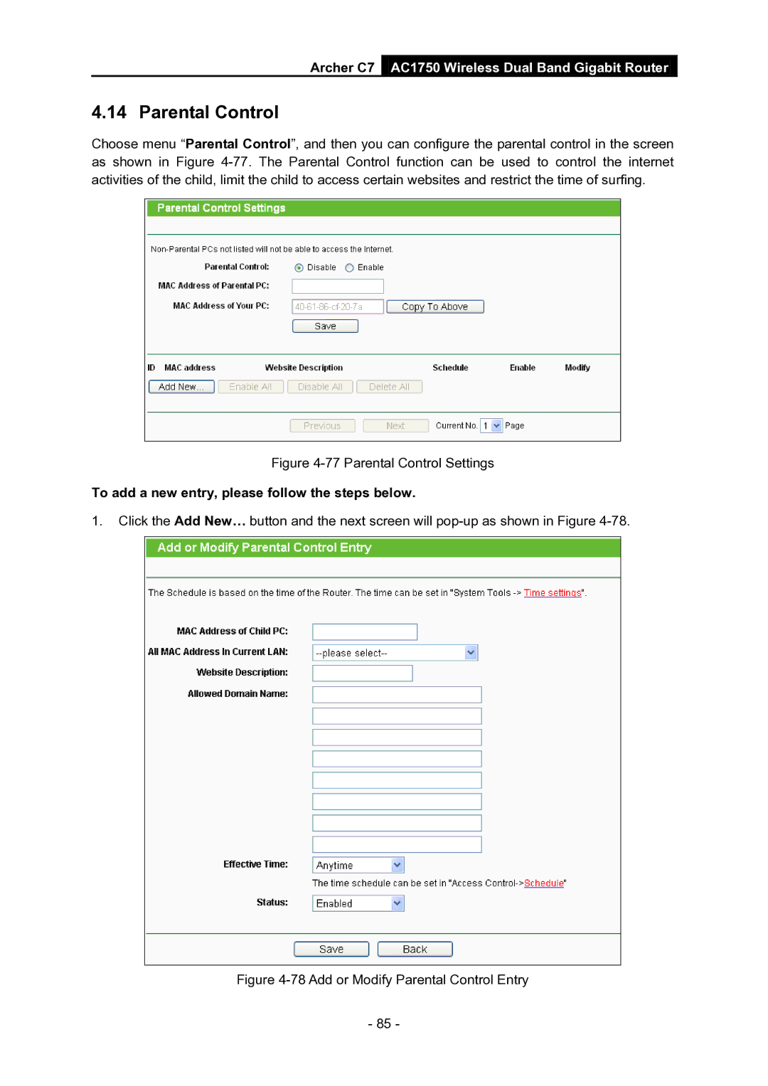 TP-Link AC1750 manual Parental Control, To add a new entry, please follow the steps below 