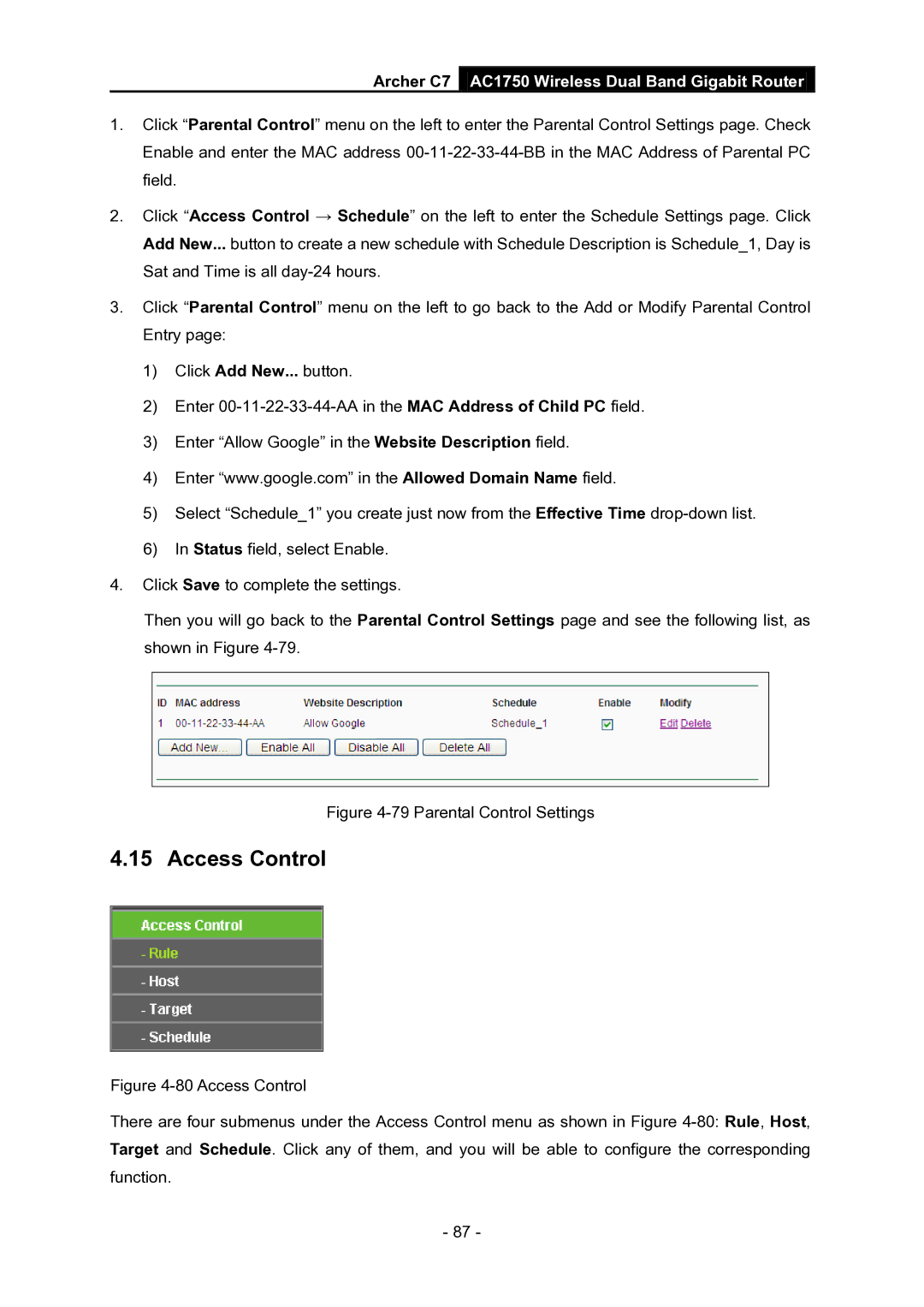 TP-Link AC1750 manual Access Control, Parental Control Settings 