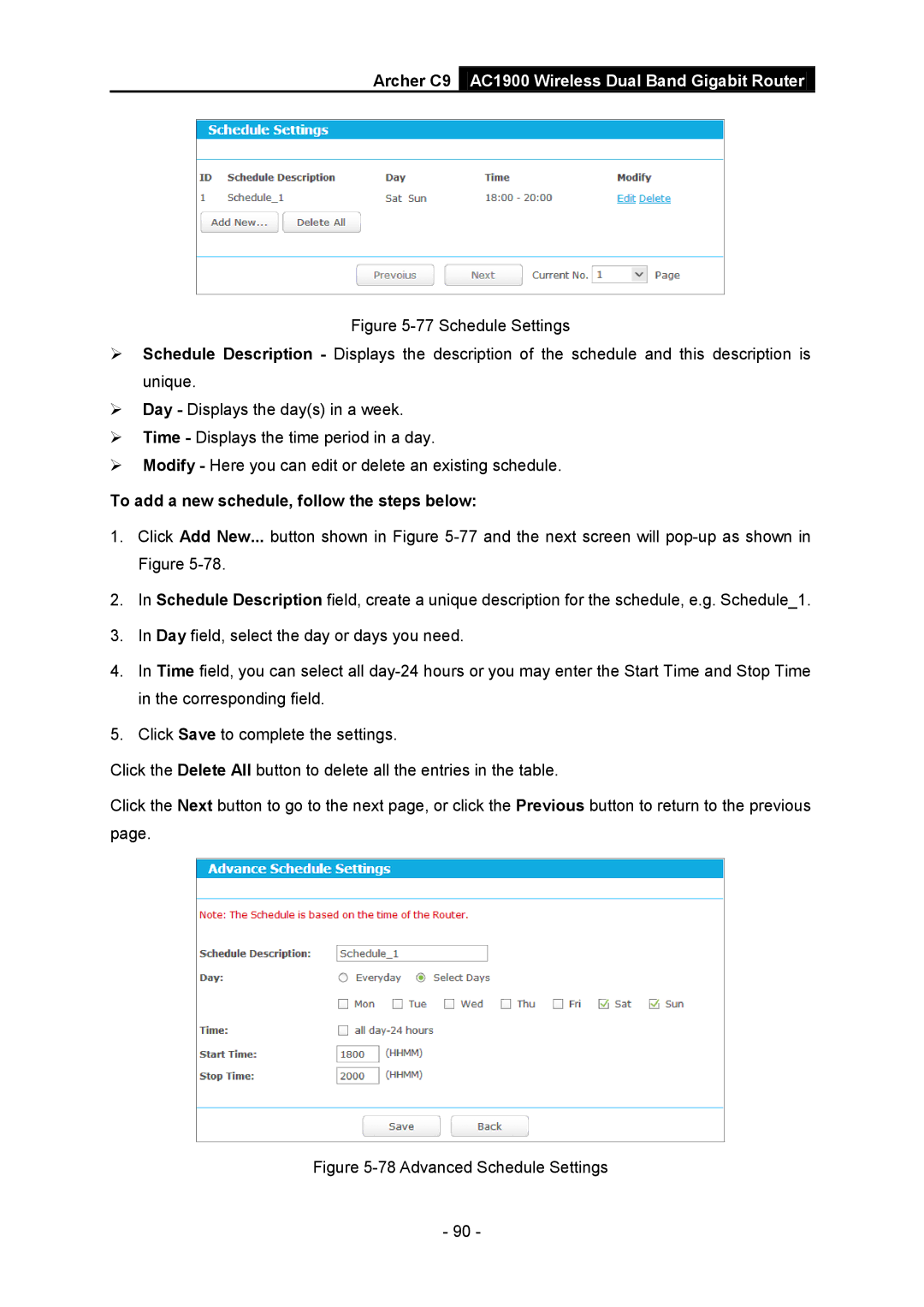 TP-Link AC1900 manual To add a new schedule, follow the steps below, Advanced Schedule Settings 