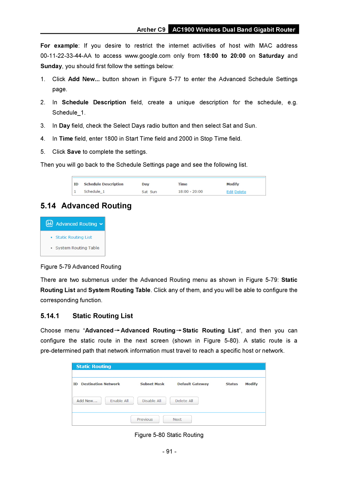 TP-Link AC1900 manual Advanced Routing, Static Routing List 