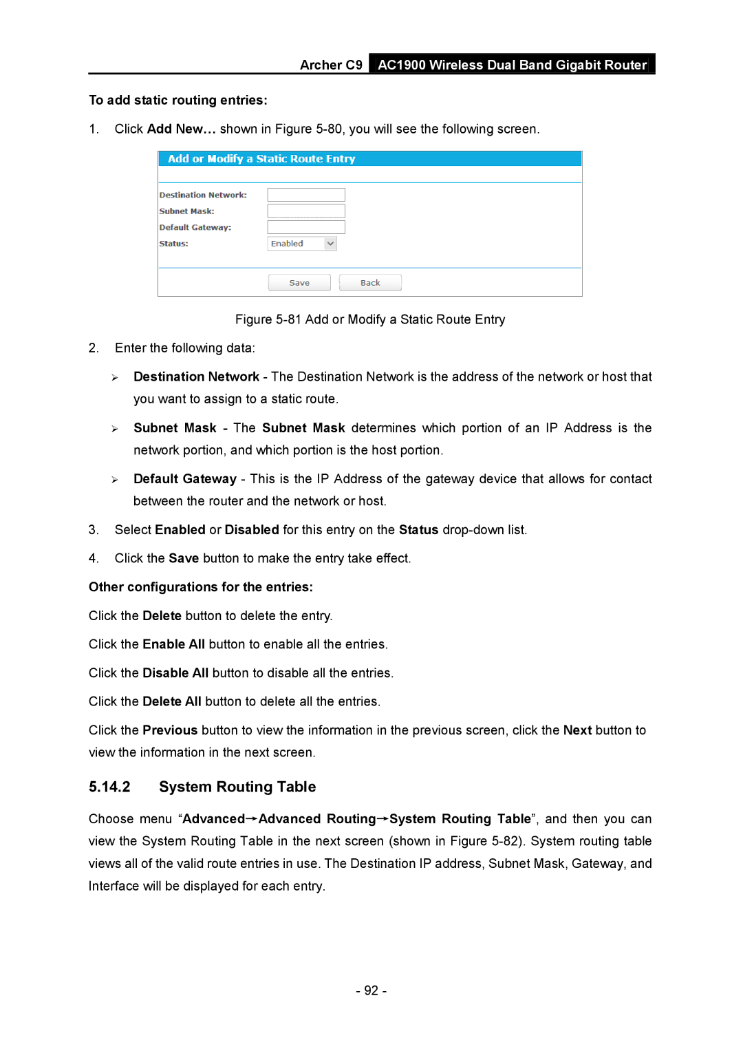 TP-Link AC1900 manual System Routing Table, To add static routing entries, Other configurations for the entries 