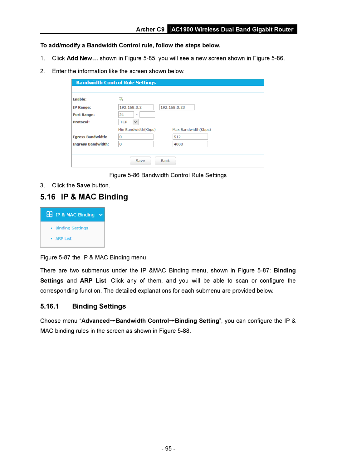 TP-Link AC1900 manual 16 IP & MAC Binding, Binding Settings 