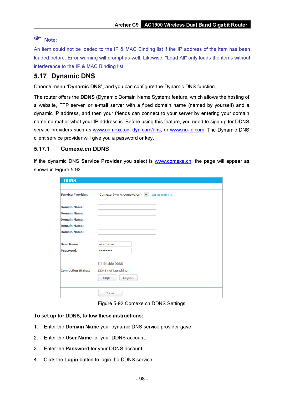 TP-Link AC1900 manual Dynamic DNS, Comexe.cn Ddns, To set up for DDNS, follow these instructions 