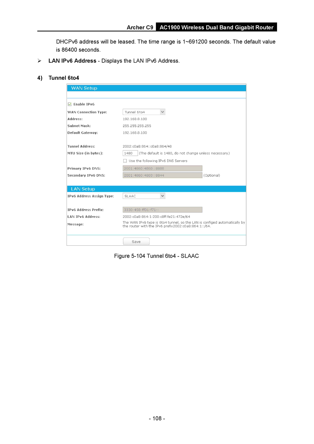 TP-Link AC1900 manual Tunnel 6to4 Slaac 108 