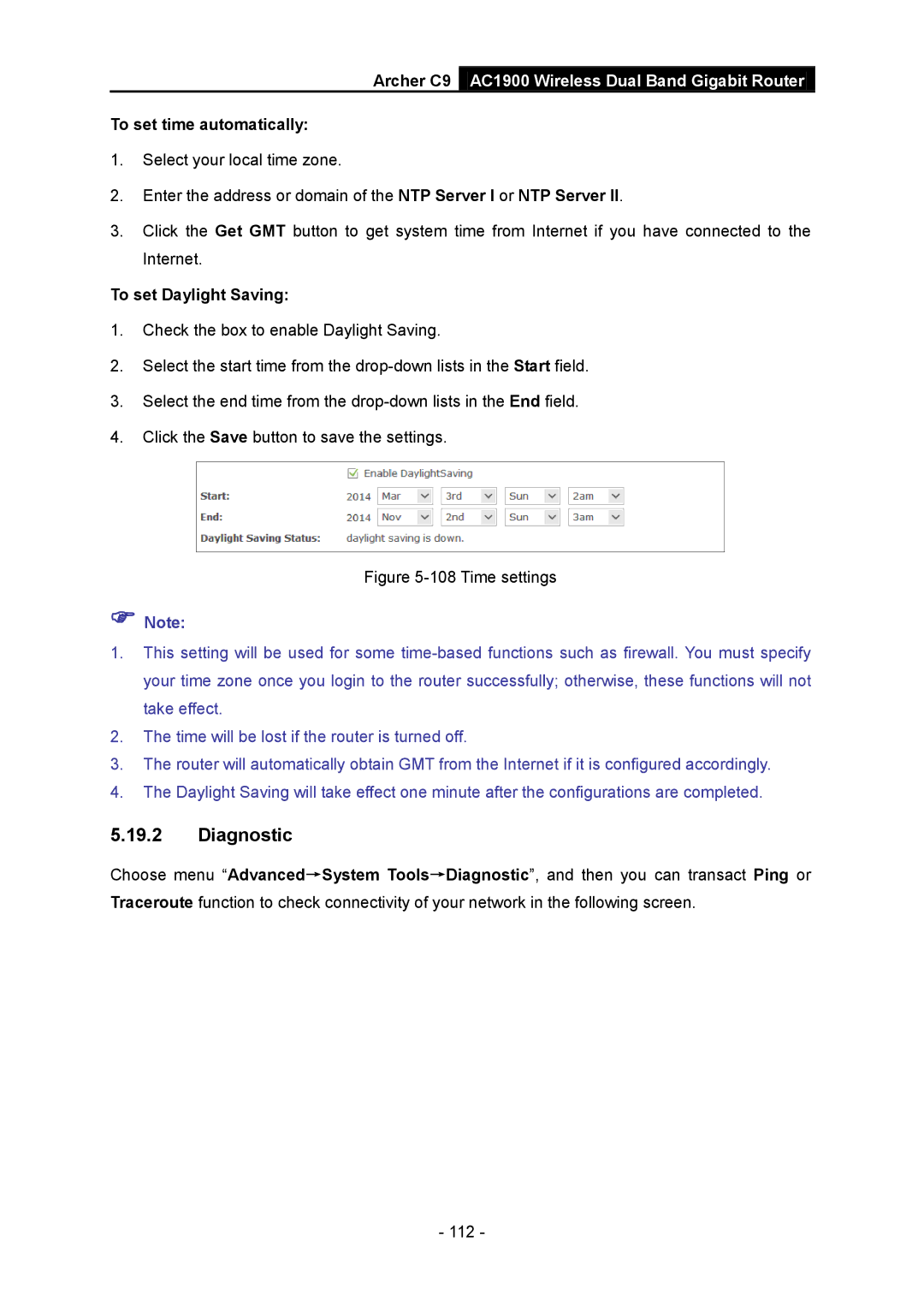 TP-Link AC1900 manual Diagnostic, To set time automatically, To set Daylight Saving 