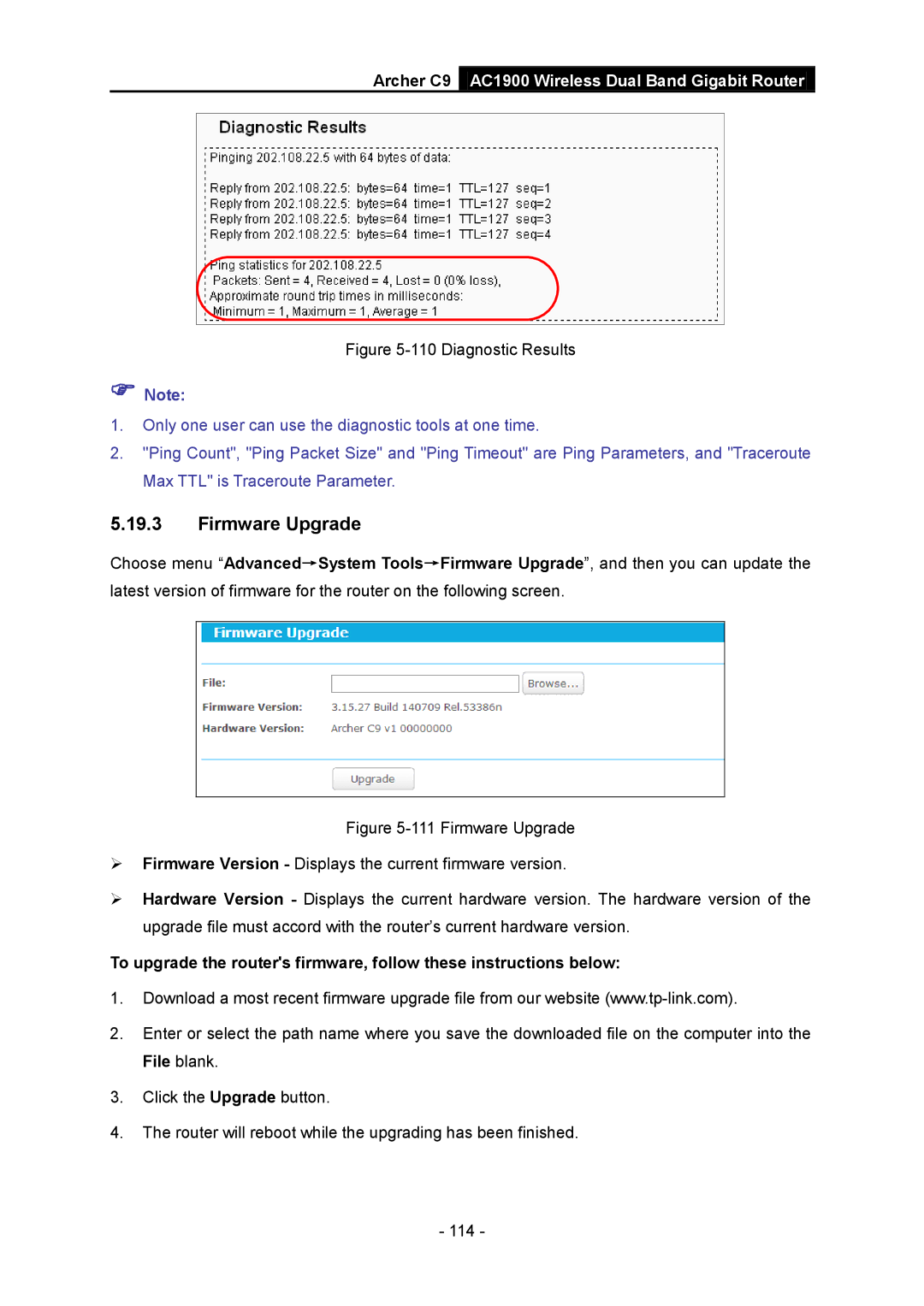 TP-Link AC1900 manual Firmware Upgrade, Diagnostic Results 