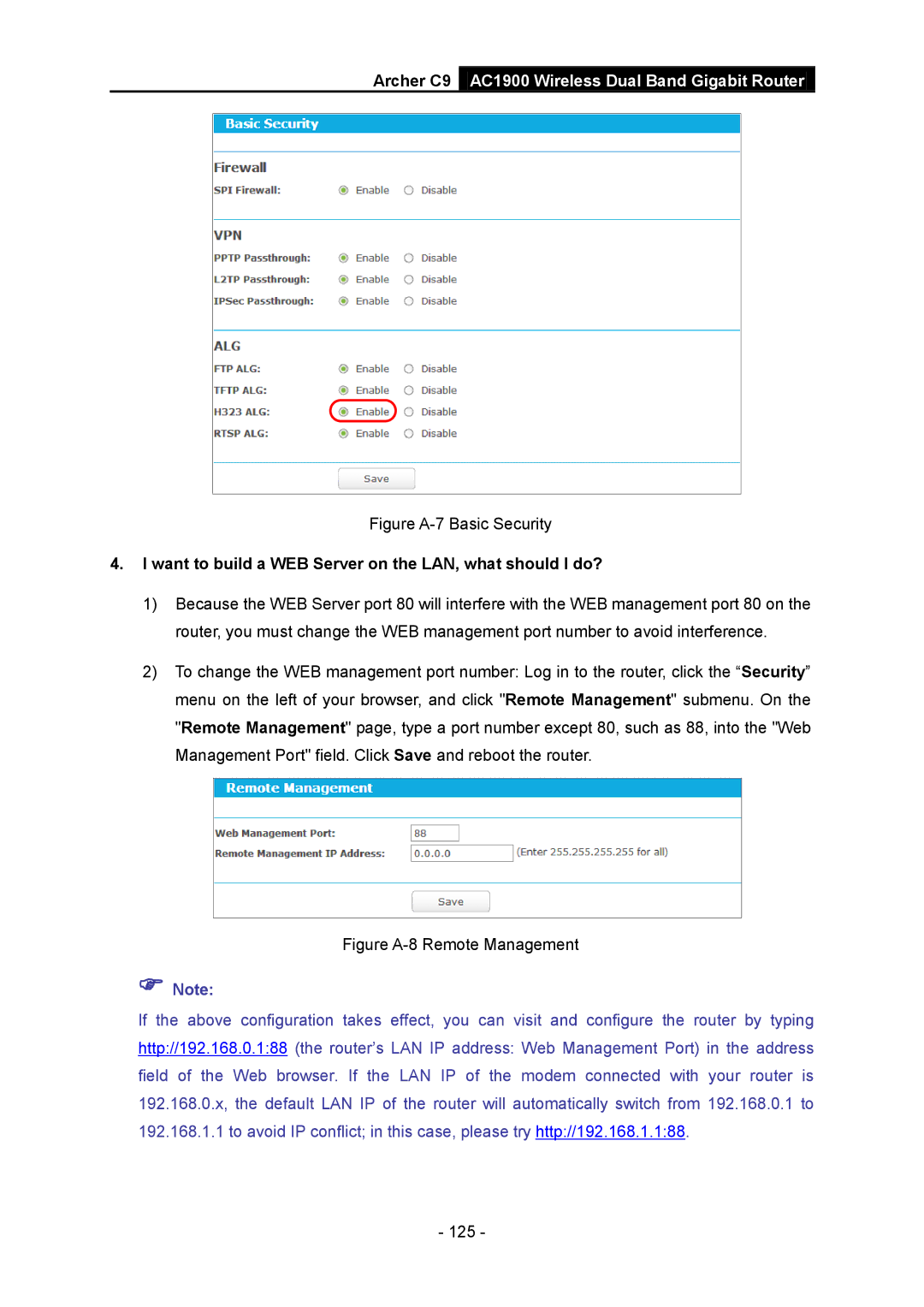 TP-Link AC1900 manual Figure A-7 Basic Security, Want to build a WEB Server on the LAN, what should I do? 