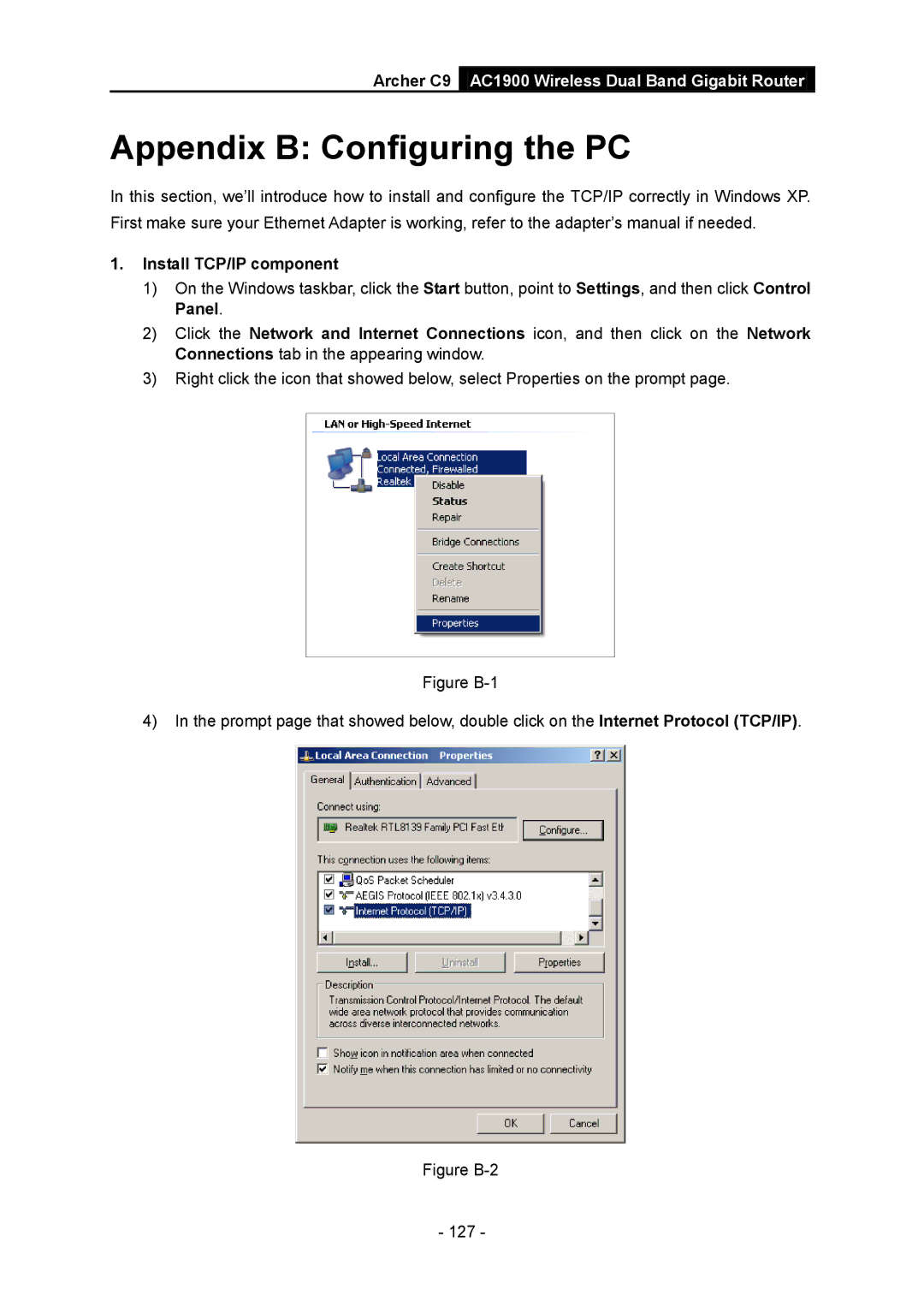 TP-Link AC1900 manual Appendix B Configuring the PC, Install TCP/IP component 