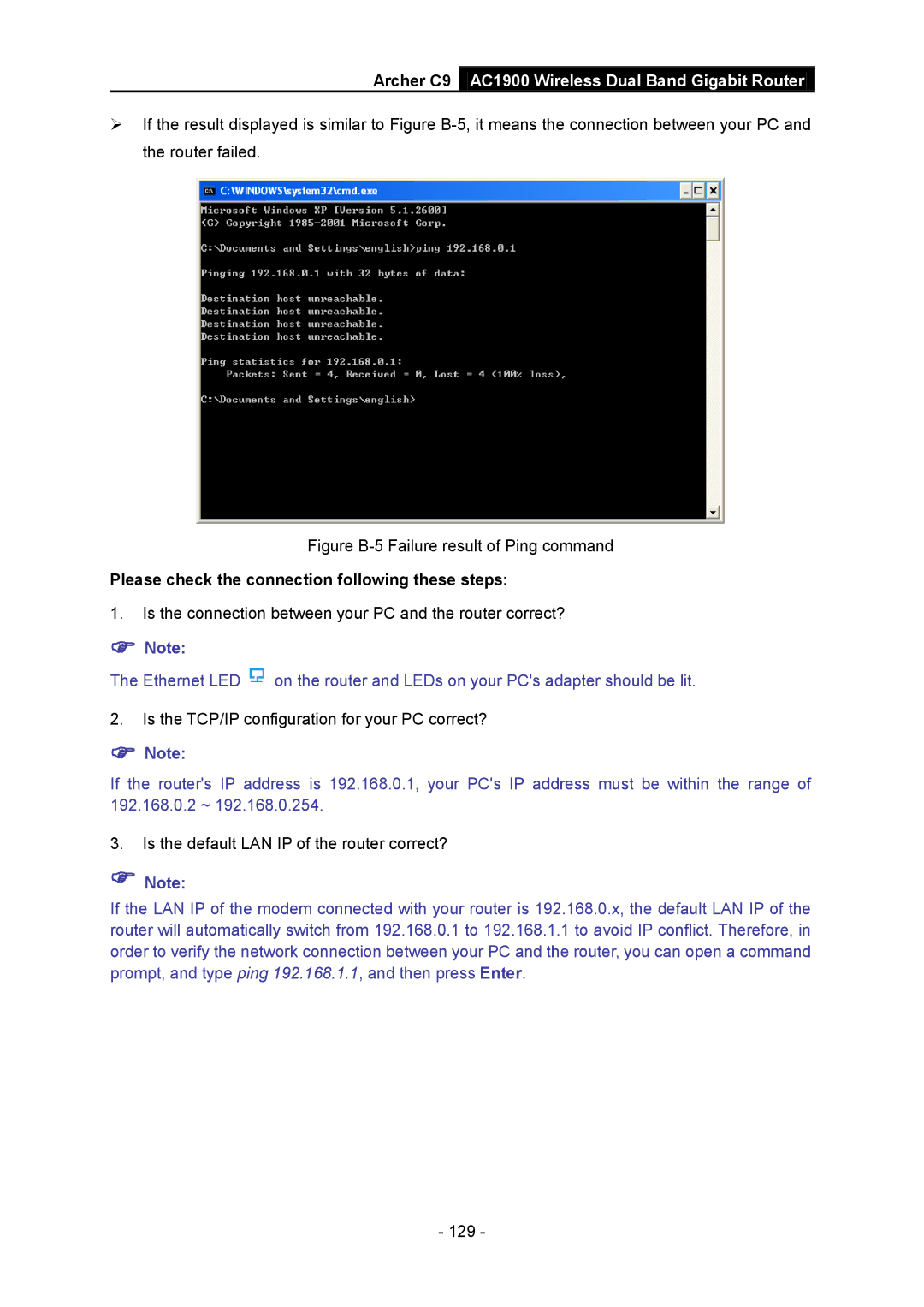 TP-Link AC1900 manual Figure B-5 Failure result of Ping command, Please check the connection following these steps 