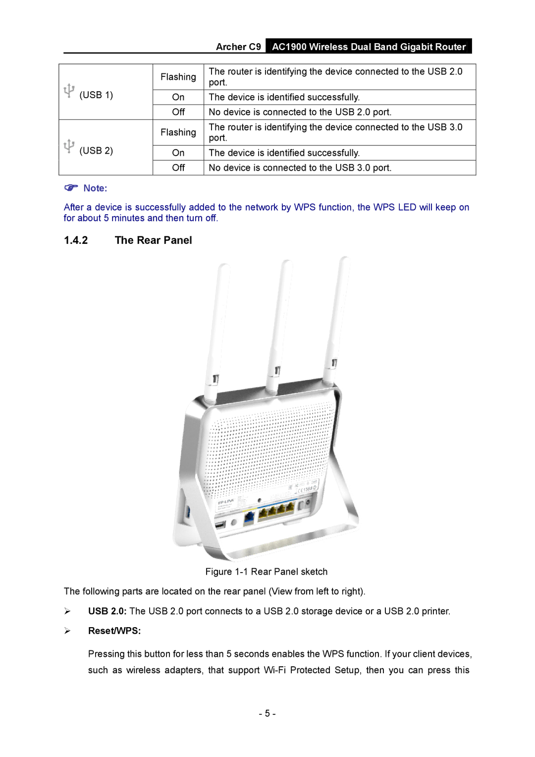 TP-Link AC1900 manual Rear Panel, Archer C9,  Reset/WPS 