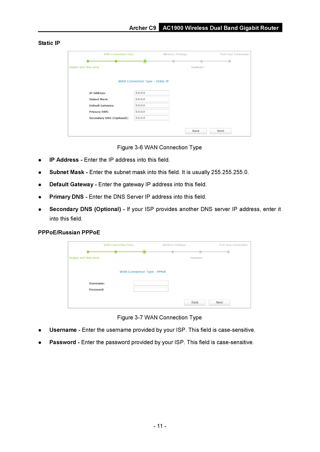 TP-Link AC1900 manual Static IP, PPPoE/Russian PPPoE 