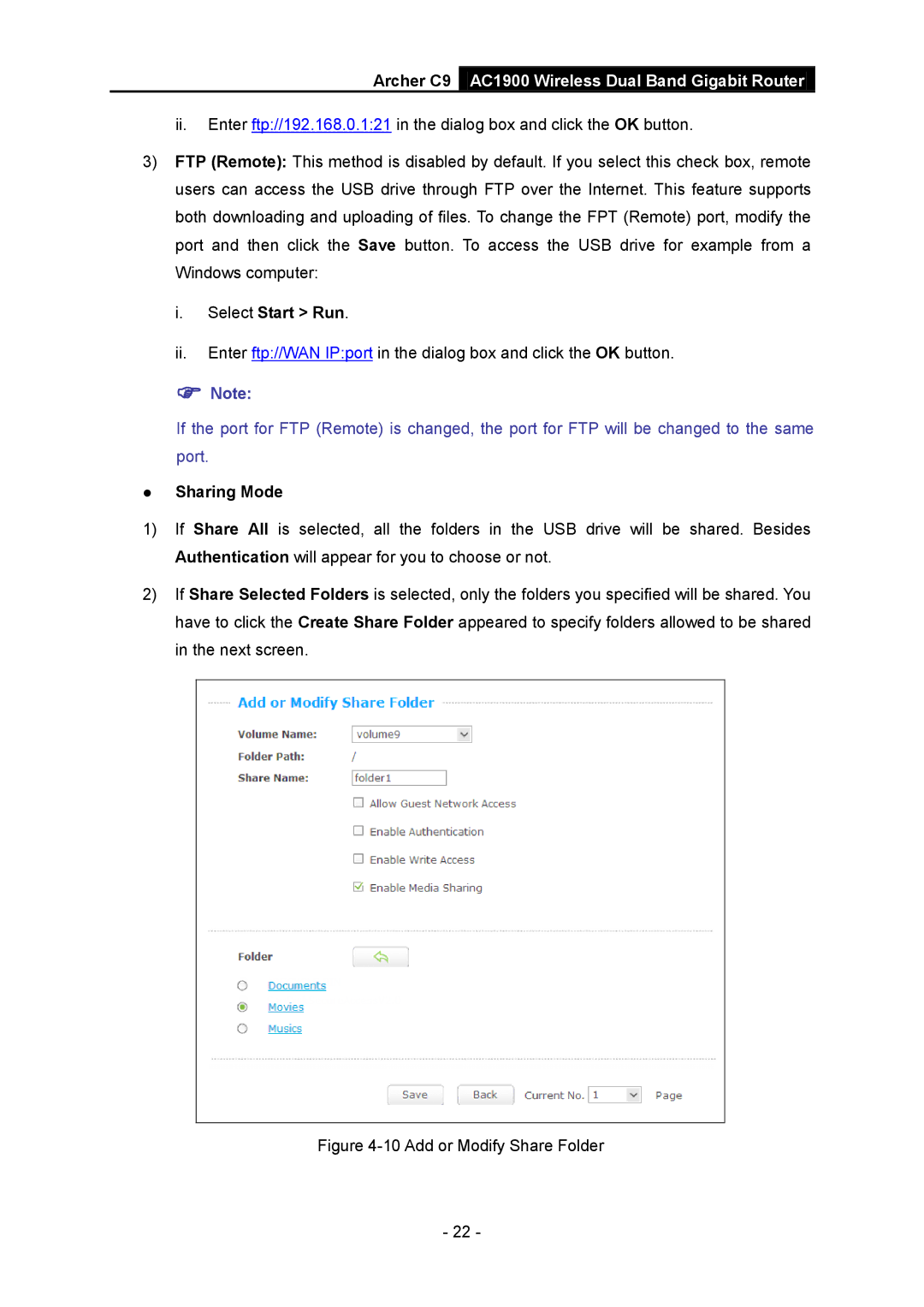 TP-Link AC1900 manual  Sharing Mode, Add or Modify Share Folder 