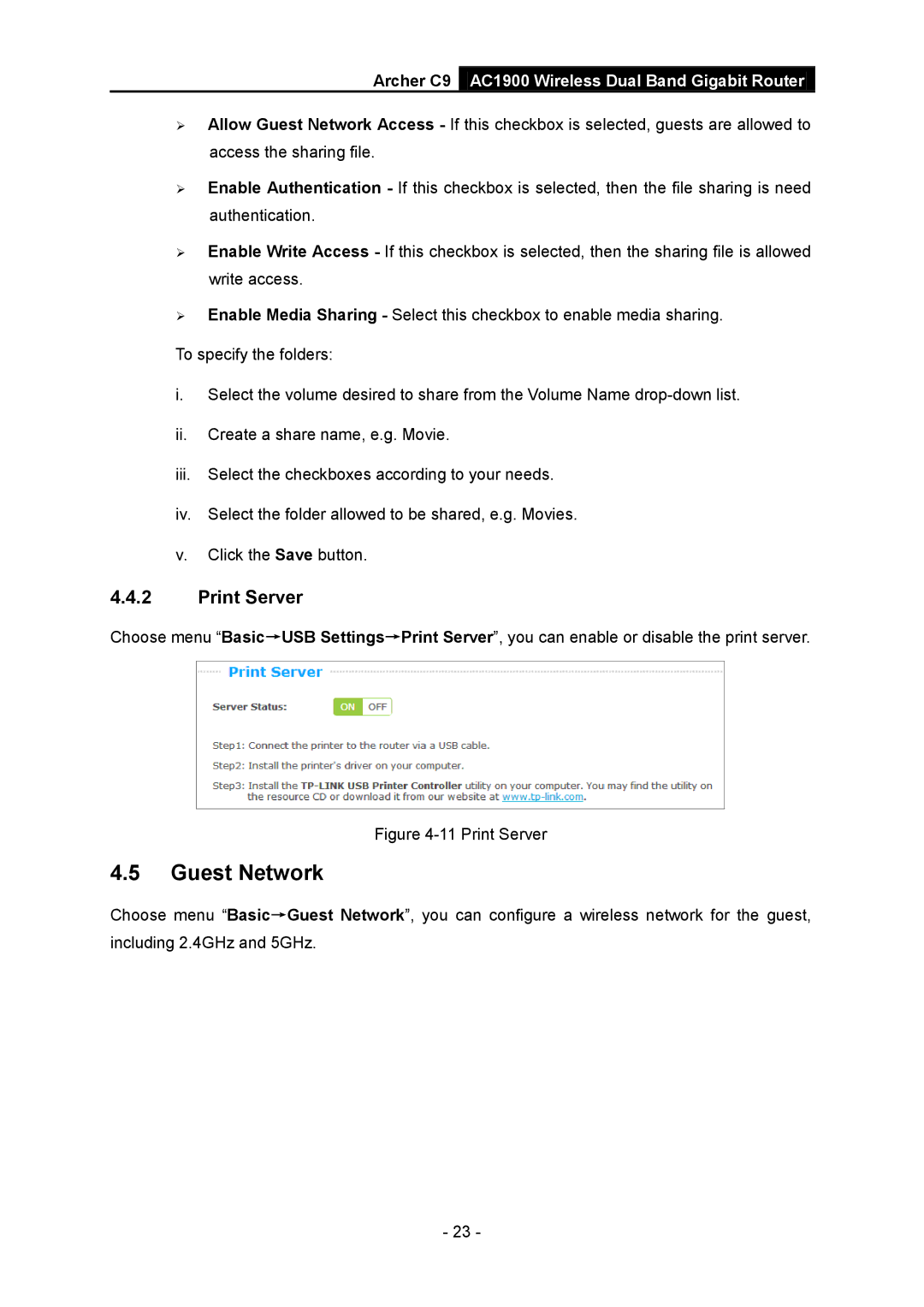 TP-Link AC1900 manual Guest Network, Print Server 