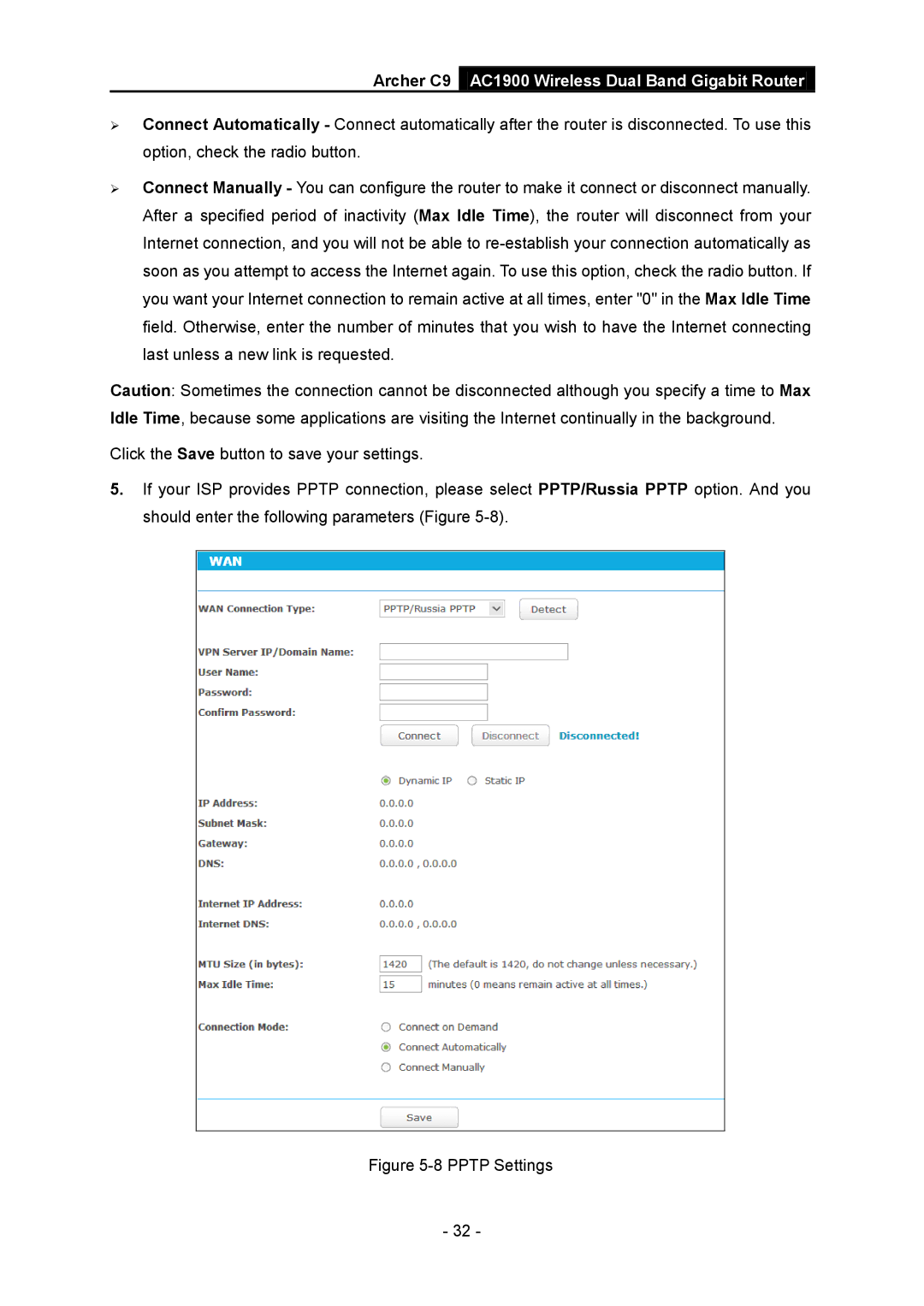 TP-Link AC1900 manual Pptp Settings 