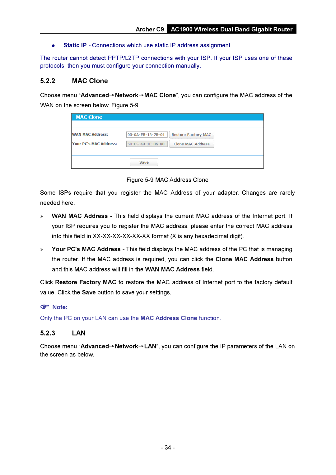 TP-Link AC1900 manual MAC Clone, 3 LAN 