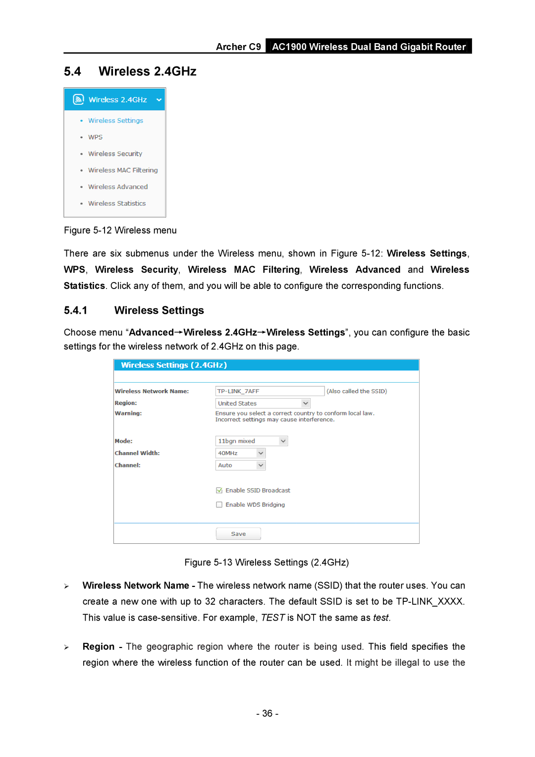 TP-Link AC1900 manual Wireless 2.4GHz, Wireless Settings 