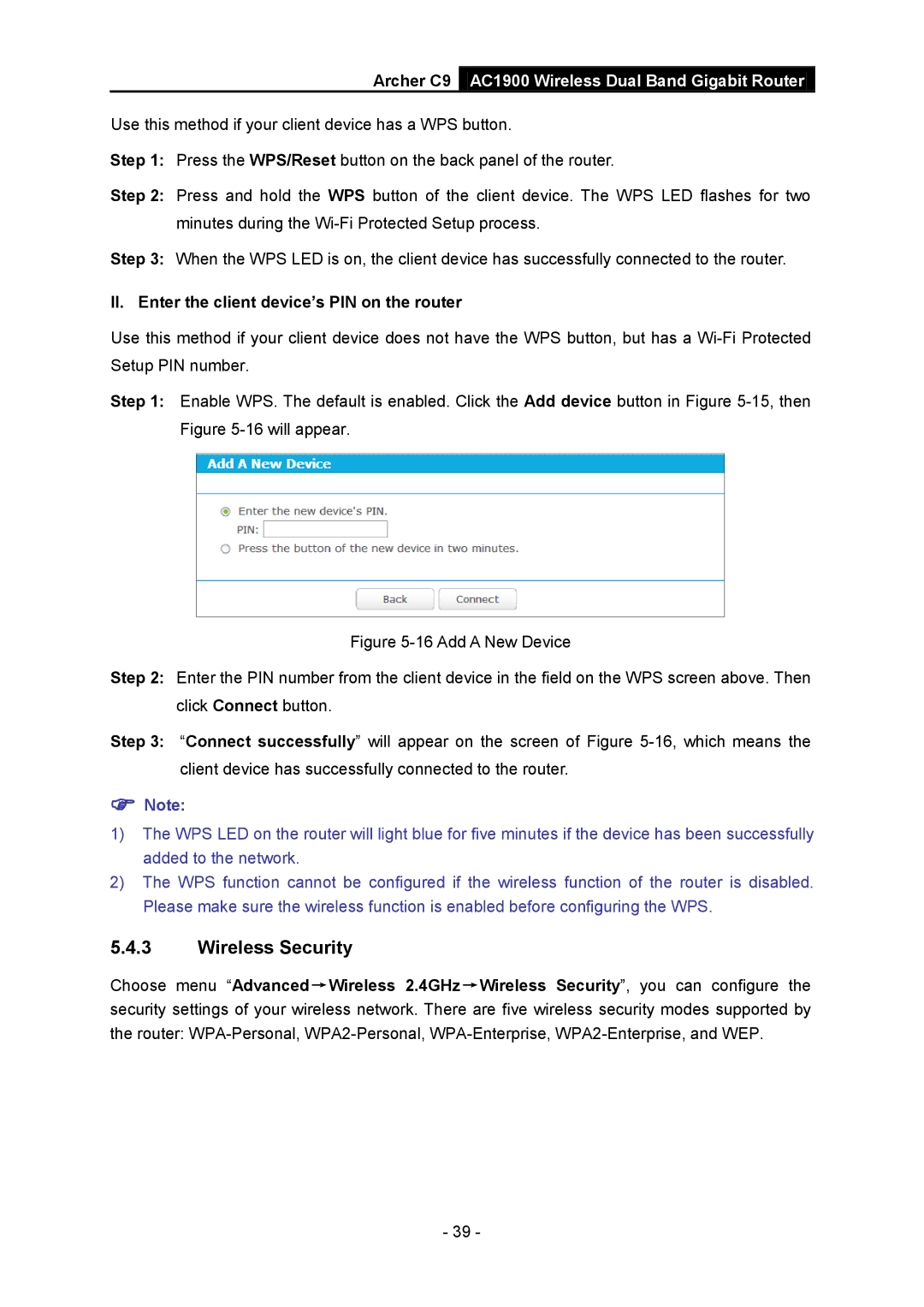 TP-Link AC1900 manual Wireless Security, II. Enter the client device’s PIN on the router 