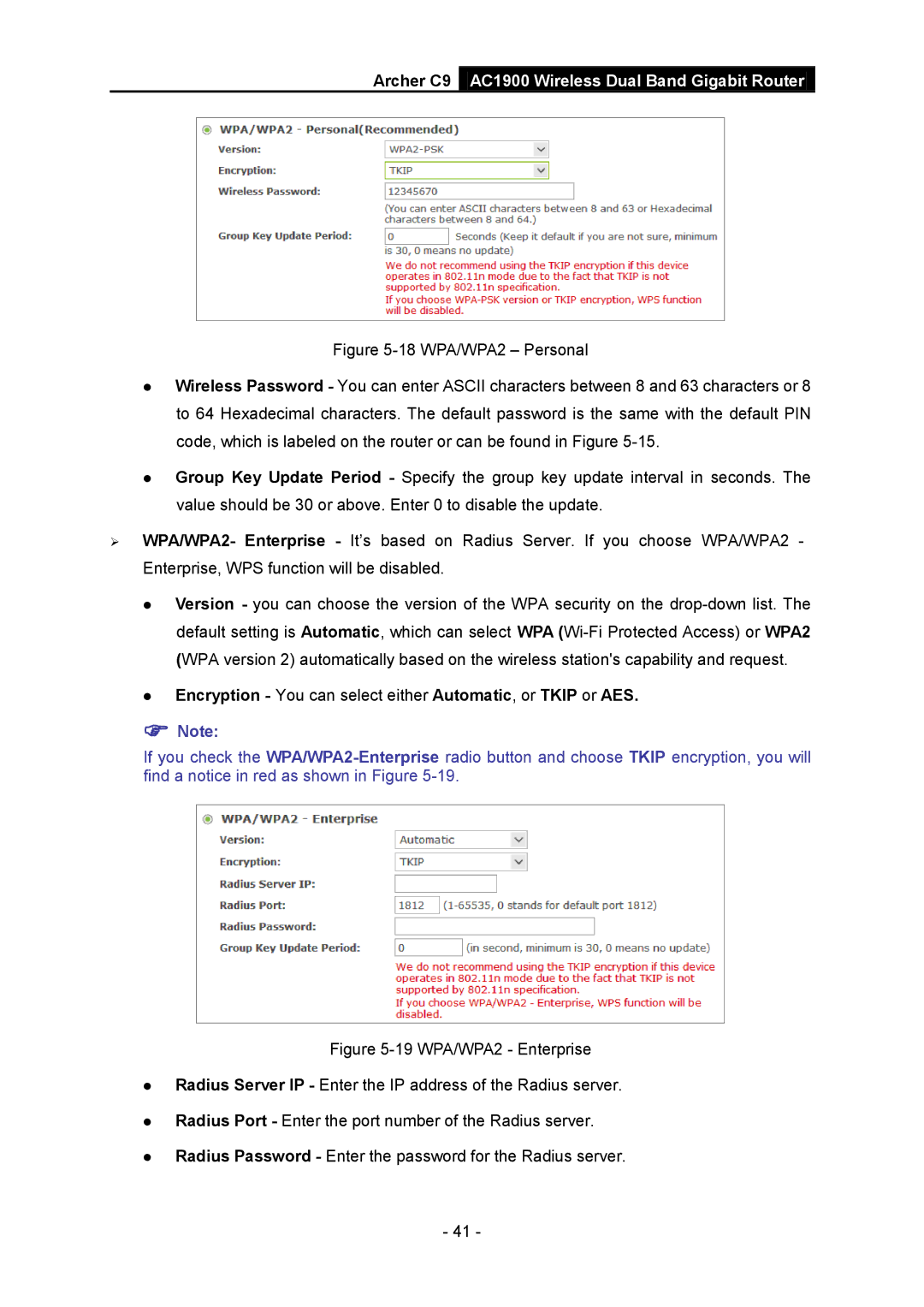 TP-Link AC1900 manual  Encryption You can select either Automatic, or Tkip or AES 