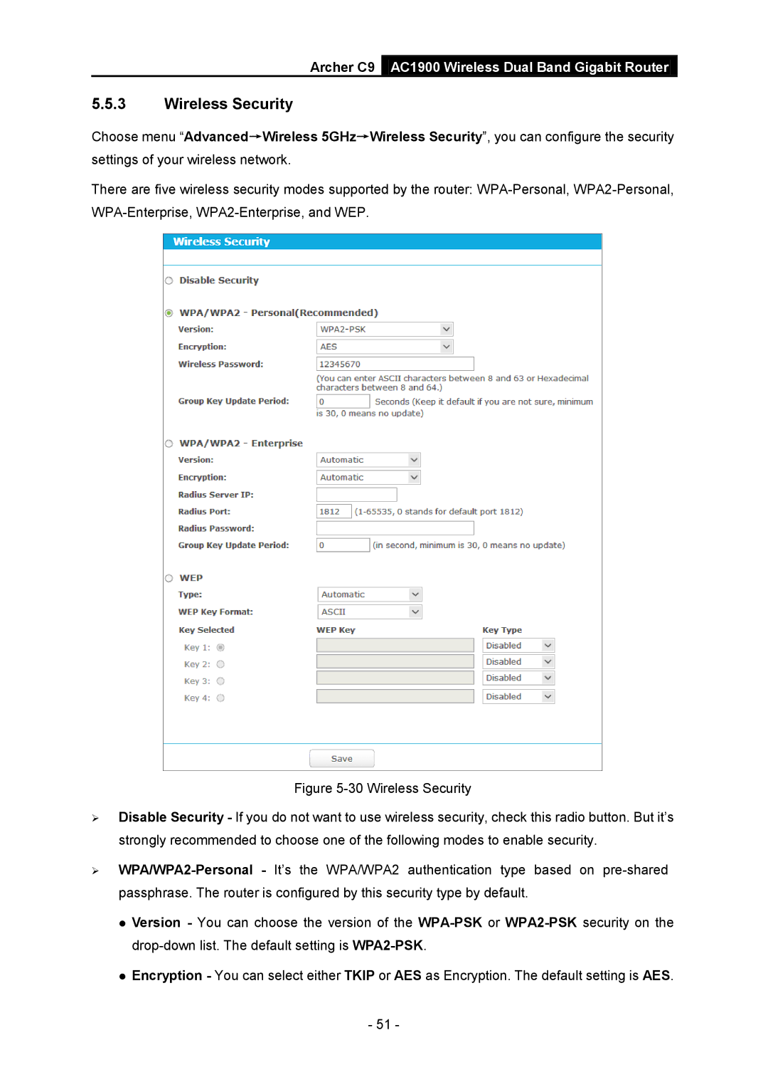 TP-Link AC1900 manual Wireless Security 