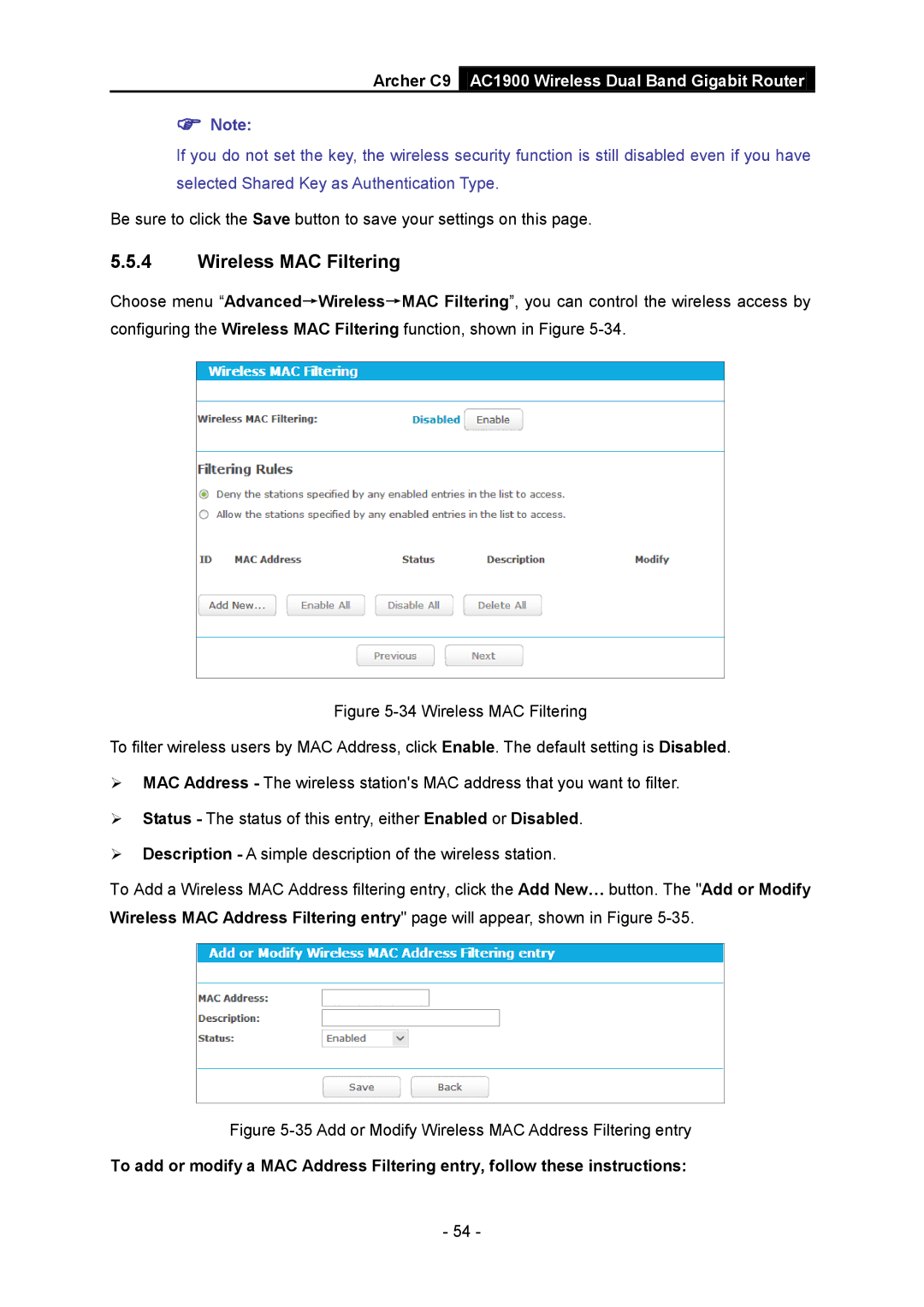 TP-Link AC1900 manual Add or Modify Wireless MAC Address Filtering entry 