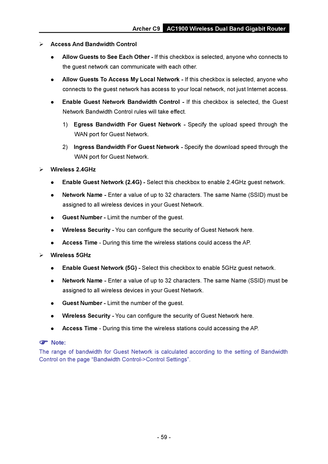 TP-Link AC1900 manual  Access And Bandwidth Control,  Wireless 5GHz 