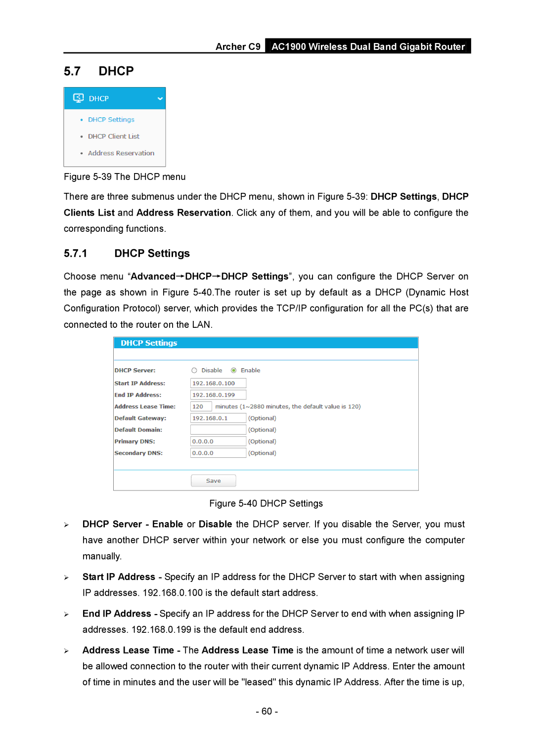 TP-Link AC1900 manual Dhcp Settings 