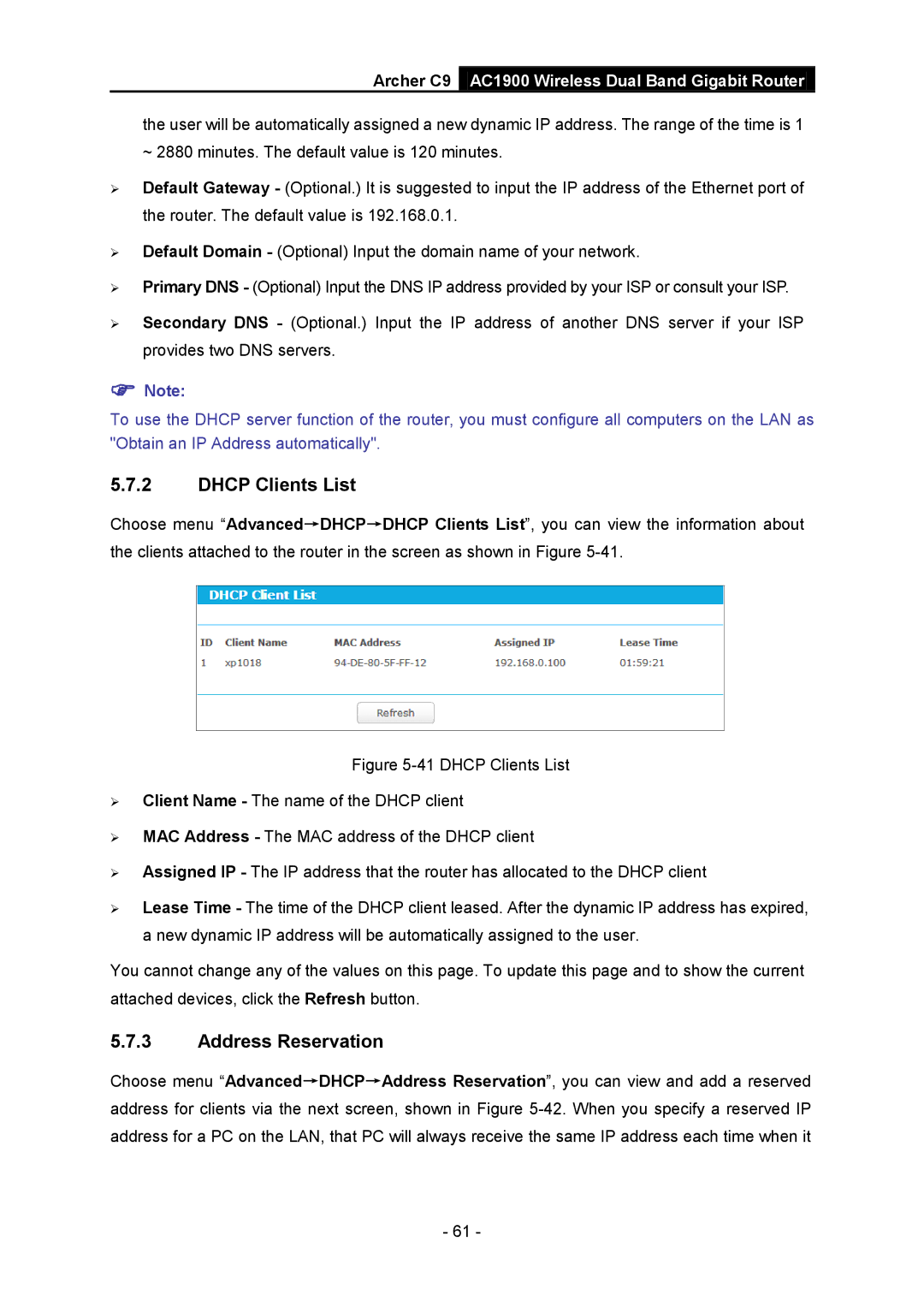 TP-Link AC1900 manual Dhcp Clients List, Address Reservation 