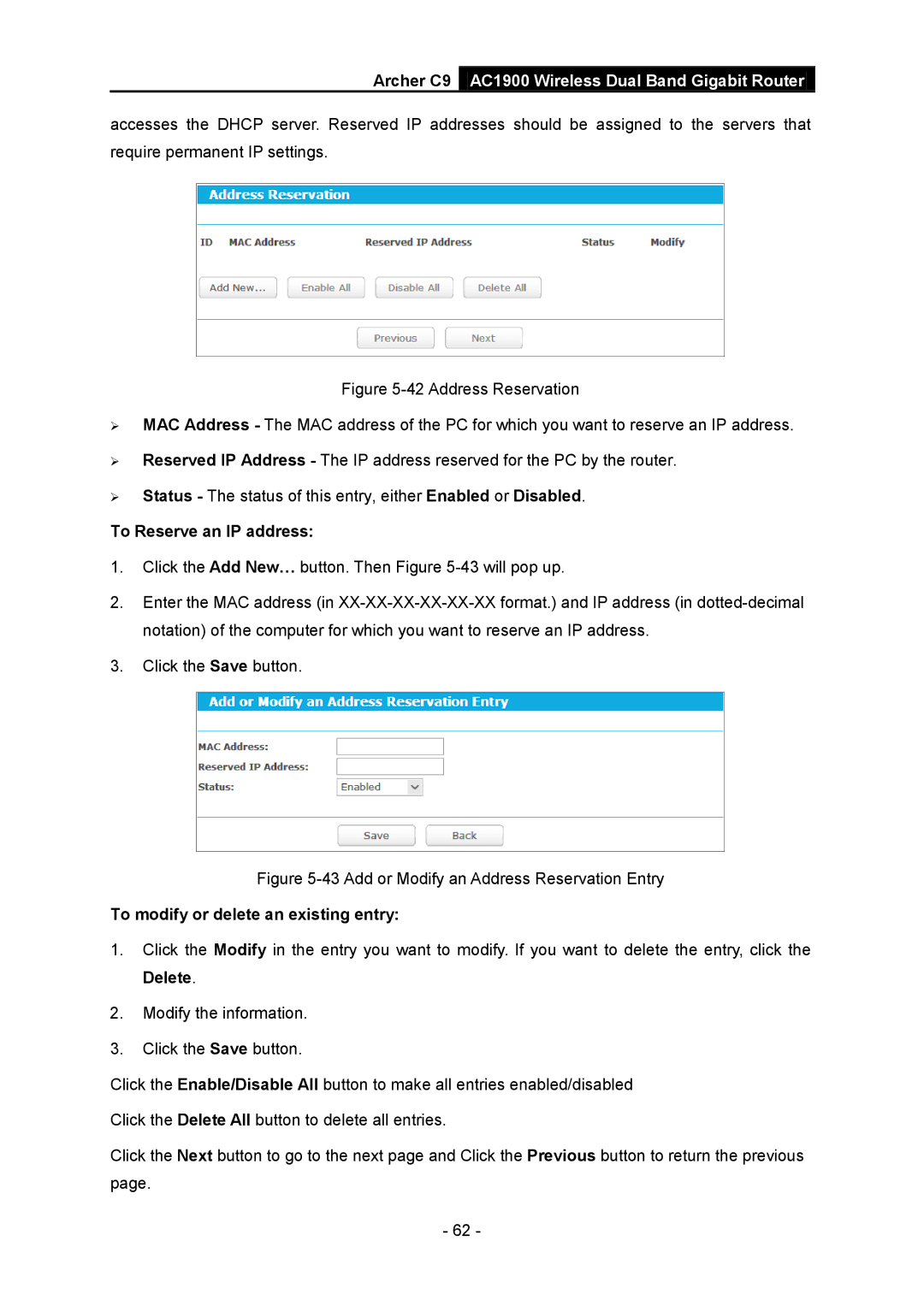 TP-Link AC1900 manual To Reserve an IP address, Add or Modify an Address Reservation Entry 