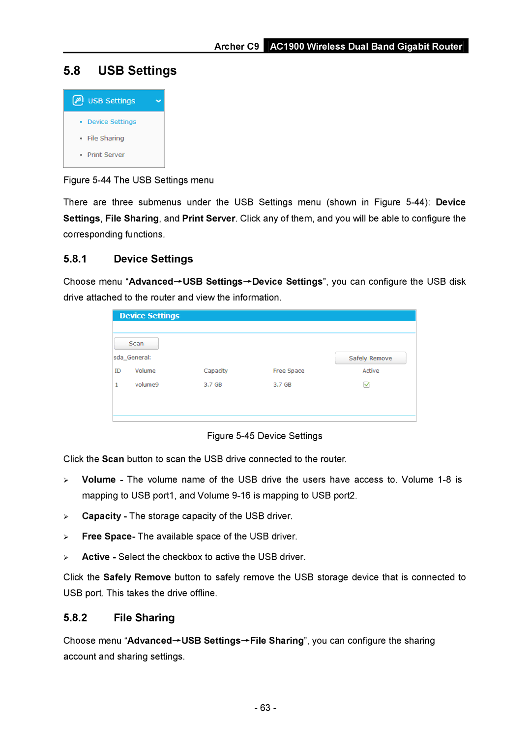 TP-Link AC1900 manual USB Settings, Device Settings 