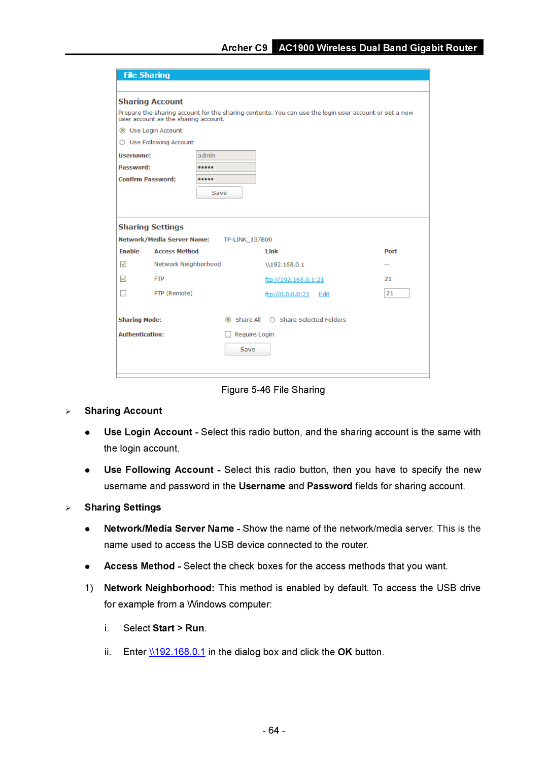 TP-Link AC1900 manual File Sharing,  Sharing Account 