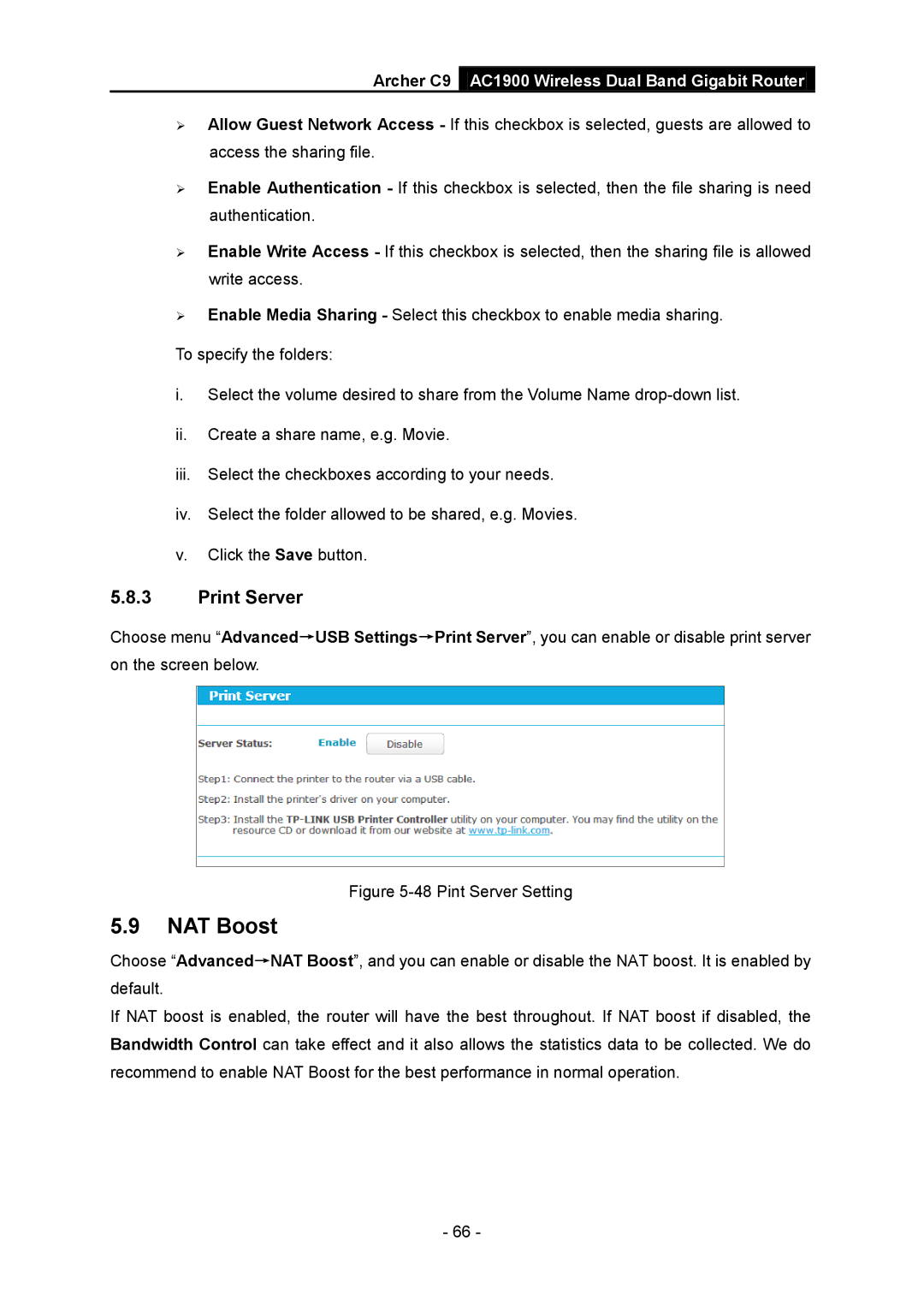 TP-Link AC1900 manual NAT Boost, Pint Server Setting 