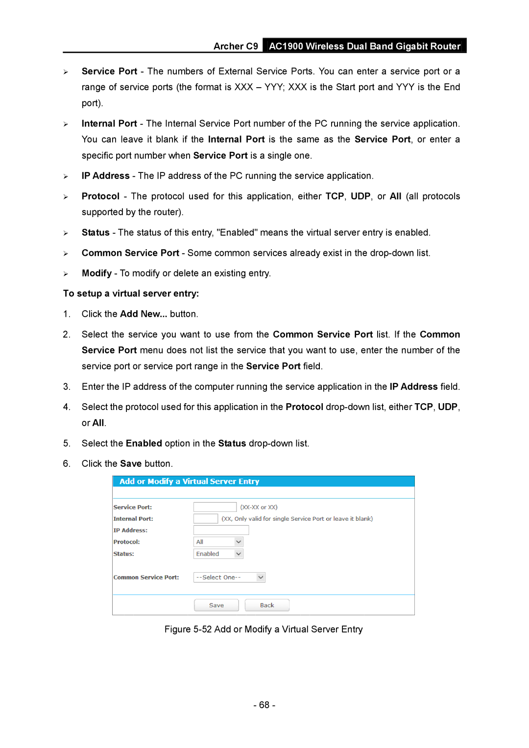 TP-Link AC1900 manual To setup a virtual server entry, Add or Modify a Virtual Server Entry 