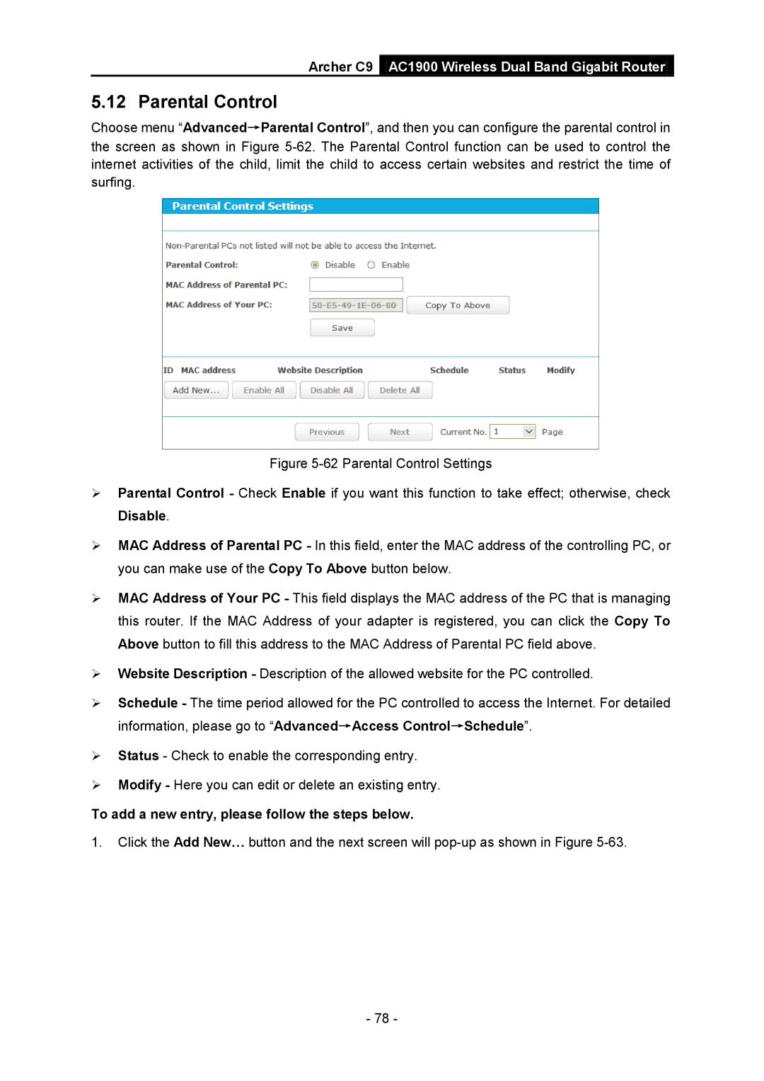 TP-Link AC1900 manual Parental Control, To add a new entry, please follow the steps below 