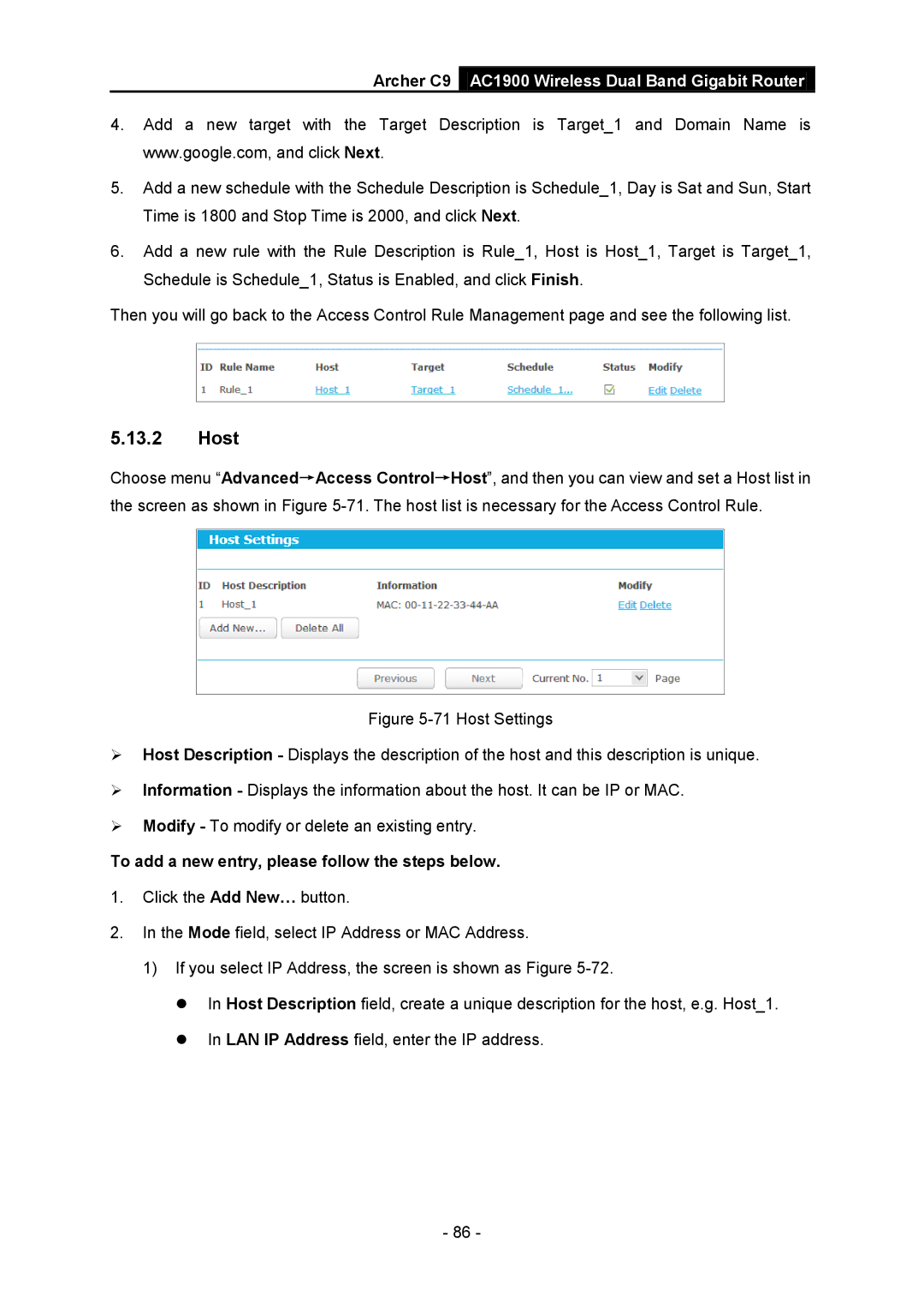 TP-Link AC1900 manual Host, To add a new entry, please follow the steps below 