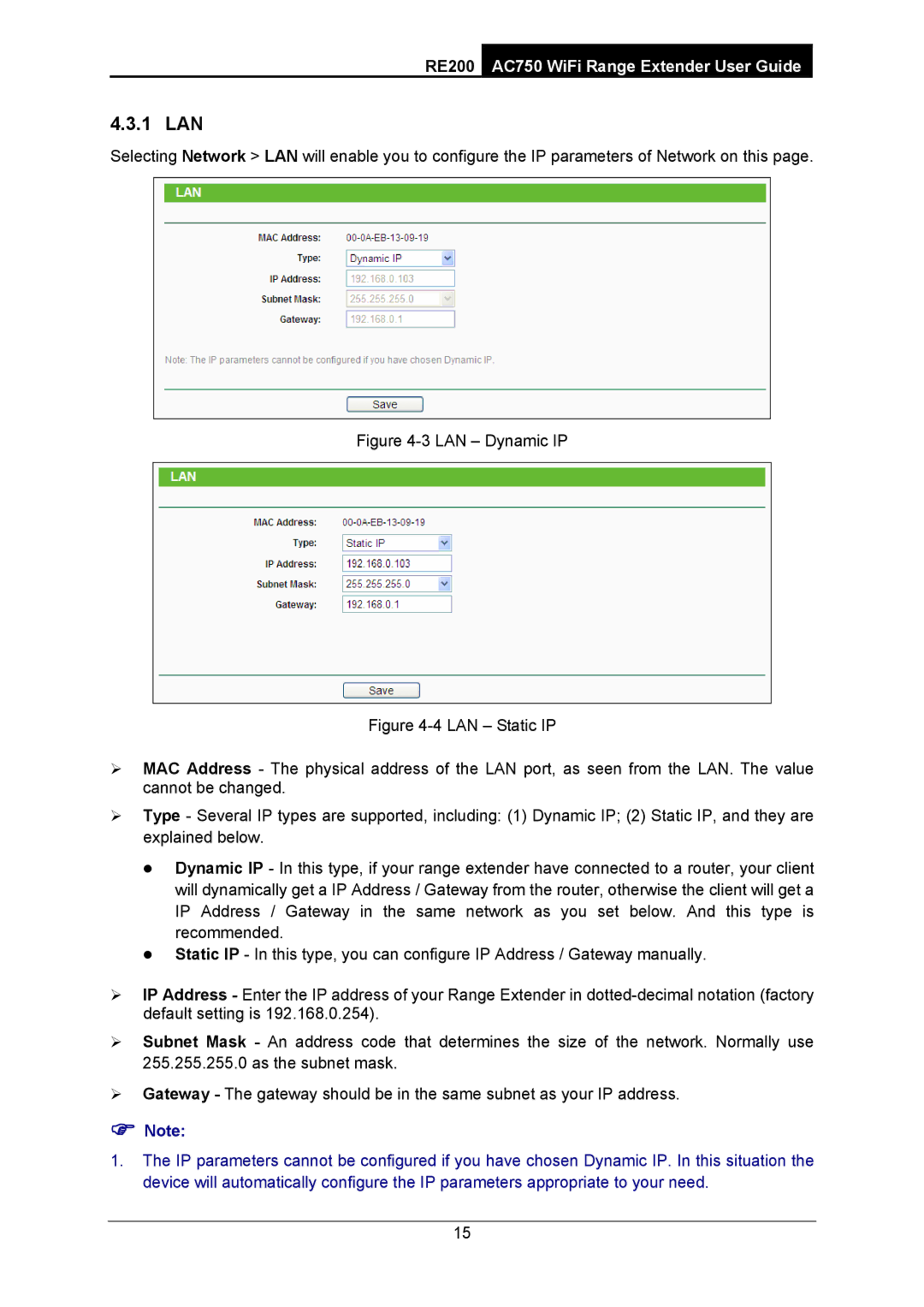 TP-Link AC750 manual 1 LAN, LAN Dynamic IP 