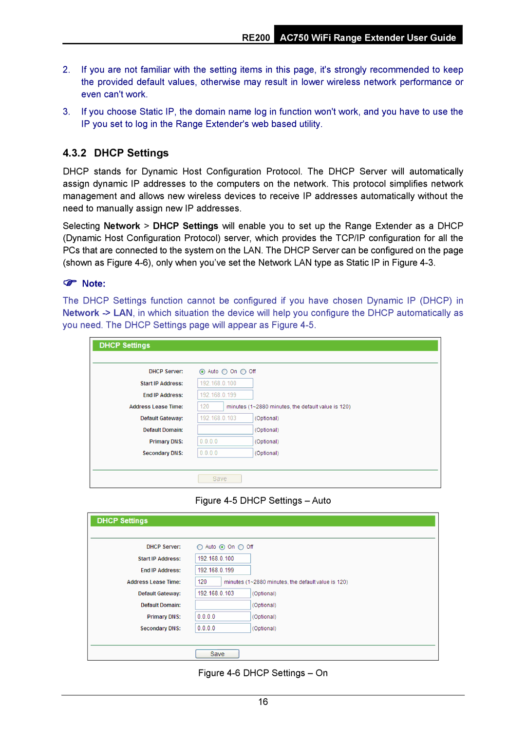 TP-Link AC750 manual Dhcp Settings Auto 