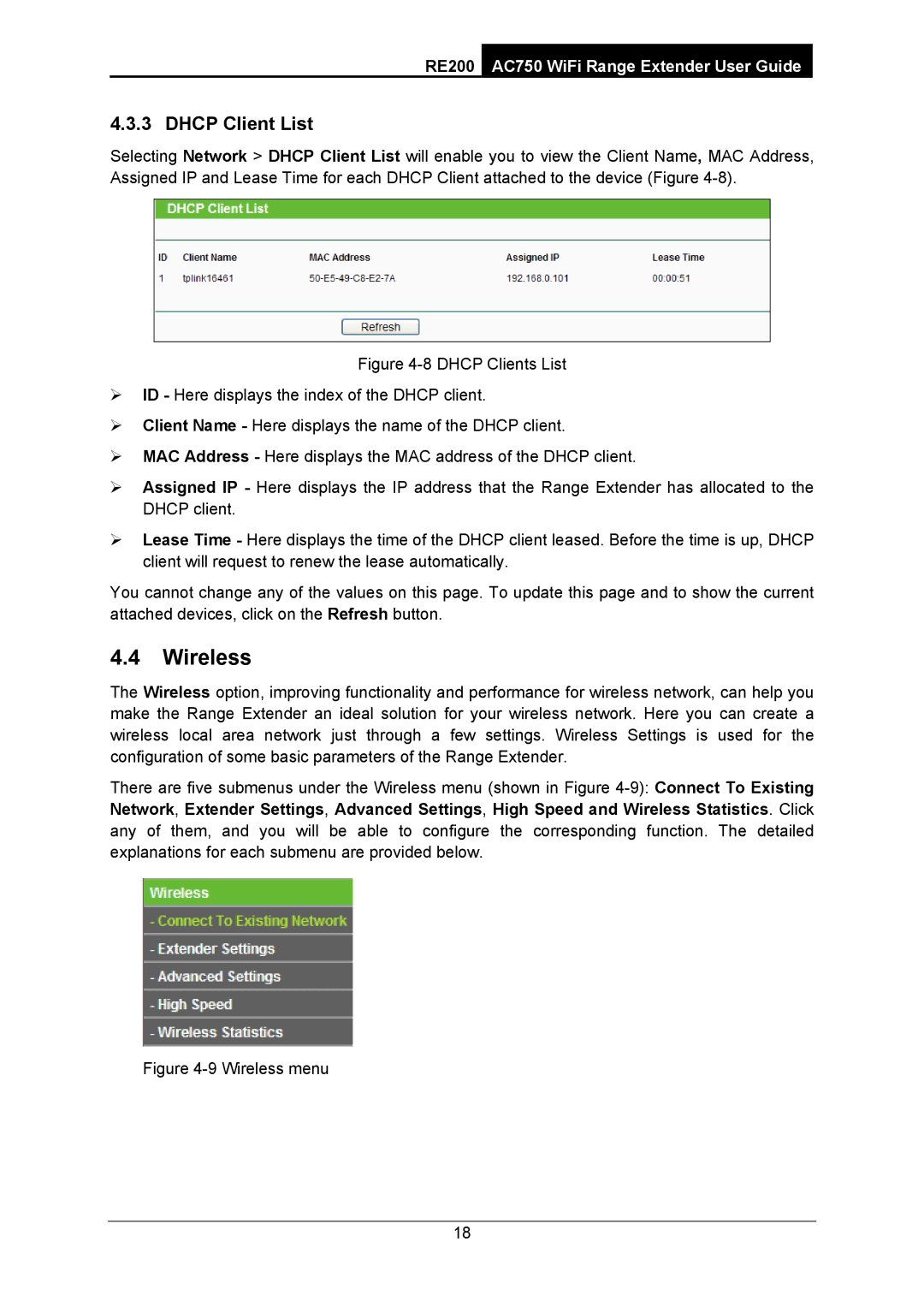 TP-Link AC750 manual Wireless, Dhcp Client List 